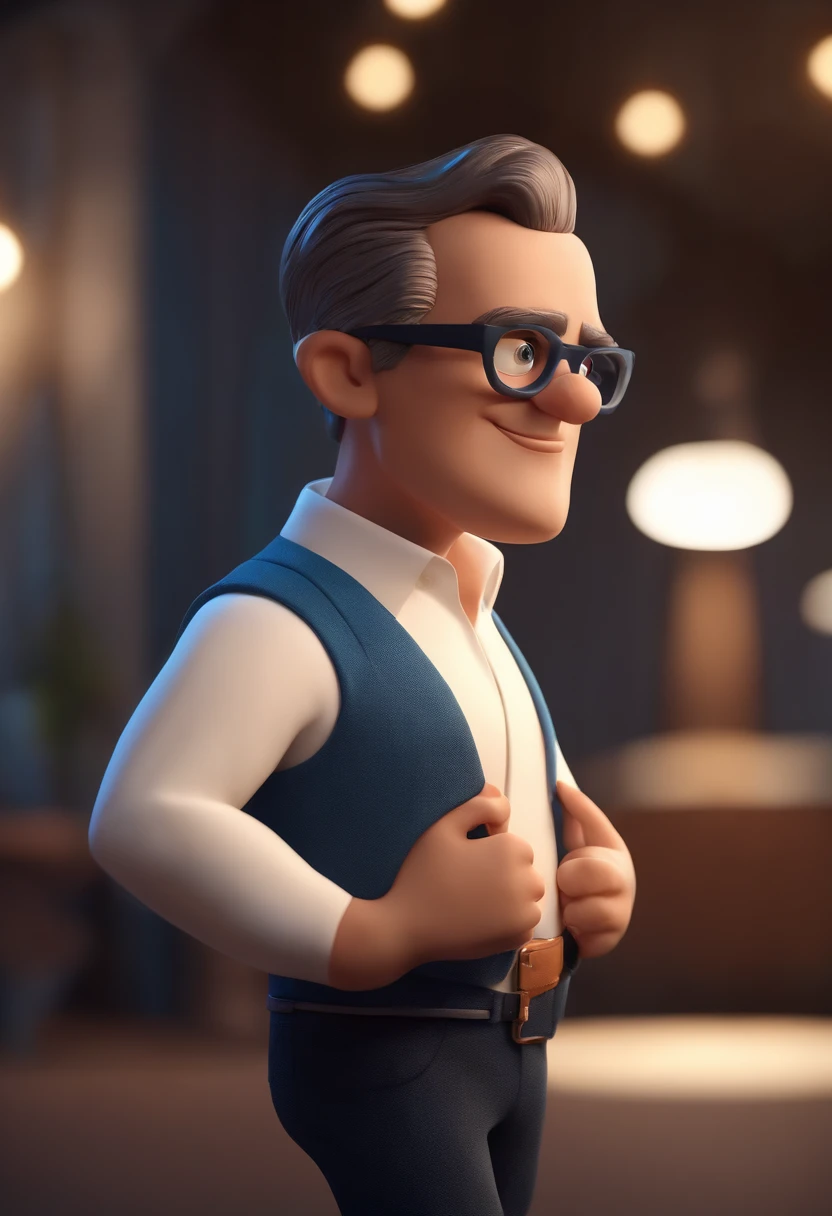 Cartoon character of a man wearing black glasses and a blue shirt, um personagem animado, Caractere estilizado, animation style rendering, 3D estilizado, Arnold Maya render, 3 d render stylized, toon render keyshot, Personagem 3D, Personagem 3D, 3d rendering stylized, 3 d character render, personagem de desenho animado, Personagem de close up, Pose de personagem, (Estilo Pixar) (master part:1.2) (Bokeh) (best quality) (pele detalhada) (textura detalhada) (8k) (argila) (Cinematic lighting) (foco nítido,Senta e vaza a parte superior do corpo