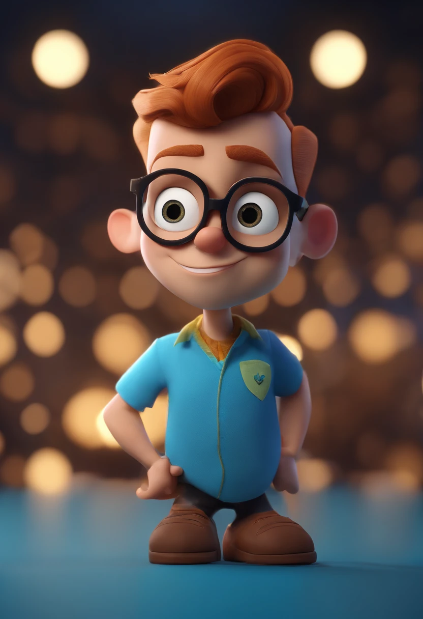 Cartoon character of a man wearing black glasses and a blue shirt, um personagem animado, Caractere estilizado, animation style rendering, 3D estilizado, Arnold Maya render, 3 d render stylized, toon render keyshot, Personagem 3D, Personagem 3D, 3d rendering stylized, 3 d character render, personagem de desenho animado, Personagem de close up, Pose de personagem, (Estilo Pixar) (master part:1.2) (Bokeh) (best quality) (pele detalhada) (textura detalhada) (8k) (argila) (Cinematic lighting) (foco nítido,Senta e vaza a parte superior do corpo
