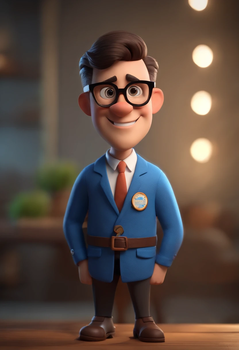 Cartoon character of a man wearing black glasses and a blue shirt, um personagem animado, Caractere estilizado, animation style rendering, 3D estilizado, Arnold Maya render, 3 d render stylized, toon render keyshot, Personagem 3D, Personagem 3D, 3d rendering stylized, 3 d character render, personagem de desenho animado, Personagem de close up, Pose de personagem, (Estilo Pixar) (master part:1.2) (Bokeh) (best quality) (pele detalhada) (textura detalhada) (8k) (argila) (Cinematic lighting) (foco nítido,Senta e vaza a parte superior do corpo