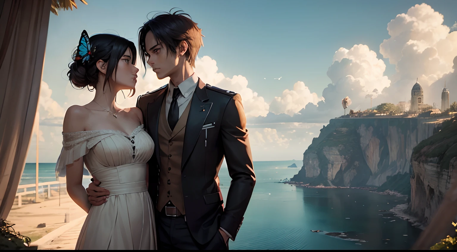 (a romantic scene between Eren and Mikasa), Mikasa with a butterfly on her shoulder, Eren with a gray falcon on his shoulder, (masterpiece, anime style), scenery of Paradise Island in the background, Mikasa wearing Paradise military uniform, Eren wearing a gangster suit, (portrait), highly detailed, stunning, trending on Instagram, anime art, HD resolution