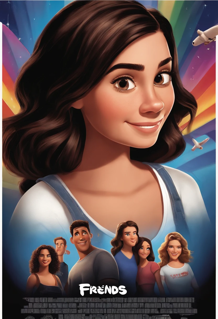 disney pixar
film poster, with the title "fala galerinha do youtube" and brunette girl with straight, wavy hair with black eyes and smiling, hidden ear, black t-shirt with the writing "friends" in white in the center, jeans and black skater style sneakers