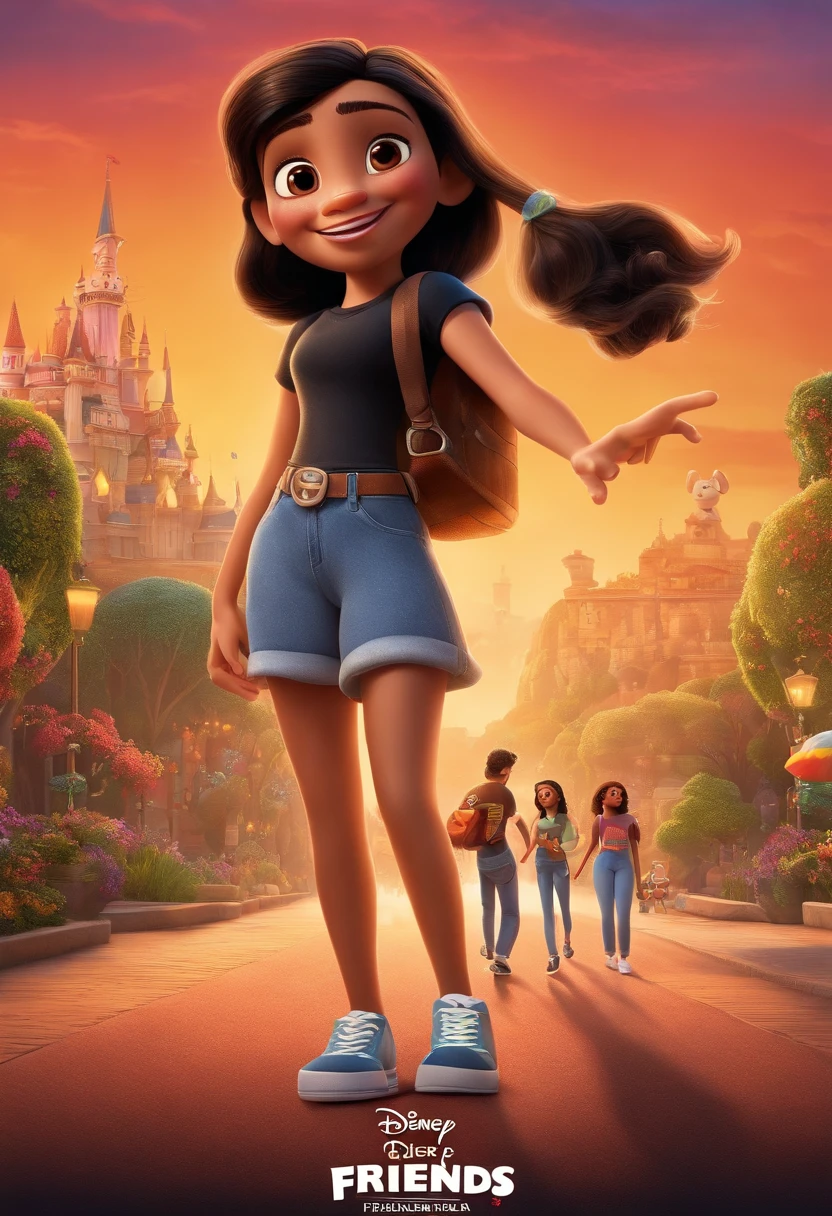 disney pixar
film poster, with the title "fala galerinha do youtube" and brunette girl with straight, wavy hair with black eyes and smiling, hidden ear, black t-shirt with the writing "friends" in white in the center, jeans and black skater style sneakers