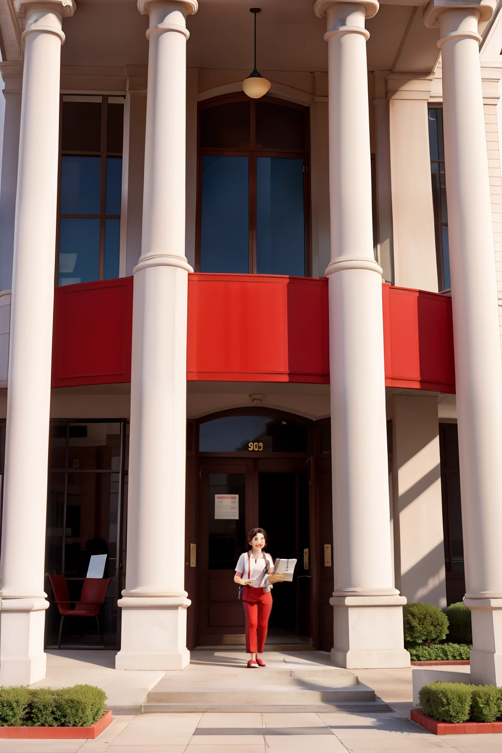 front of a financial company in red and white with 1floor