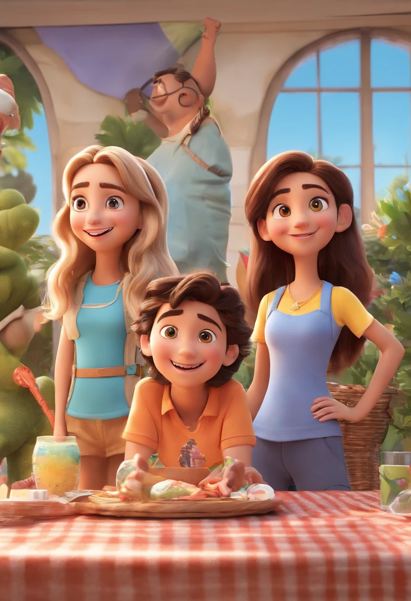 Cartoon of friends having fun on vacation together,  3D Animation Movie Poster, Poster de filme animado, pixar 3 d animation style, pixar renderman rendering, maia 8 mil, animated film, Disney Pixar Estilo 3D, amigos felizes saem juntos, all wearing light blue shirts and cream brown long pants, camisa azul clara, cream brown pants, ao ar livre, vacation, Disney Pixar Animation Poster