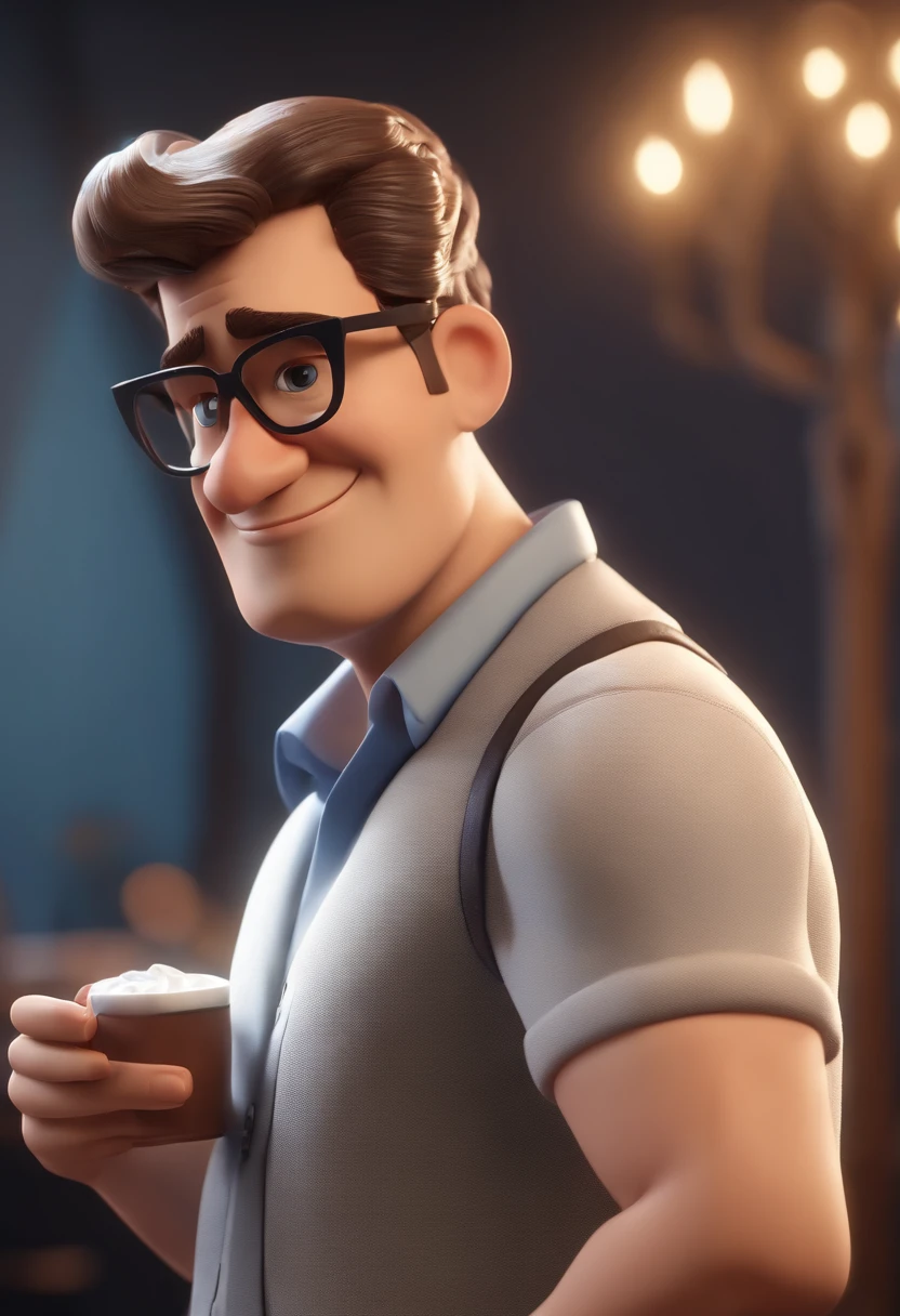 Cartoon character of a man wearing black glasses and a blue shirt, um personagem animado, Caractere estilizado, animation style rendering, 3D estilizado, Arnold Maya render, 3 d render stylized, toon render keyshot, Personagem 3D, Personagem 3D, 3d rendering stylized, 3 d character render, personagem de desenho animado, Personagem de close up, Pose de personagem, (Estilo Pixar) (master part:1.2) (Bokeh) (best quality) (pele detalhada) (textura detalhada) (8k) (argila) (Cinematic lighting) (foco nítido,Senta e vaza a parte superior do corpo