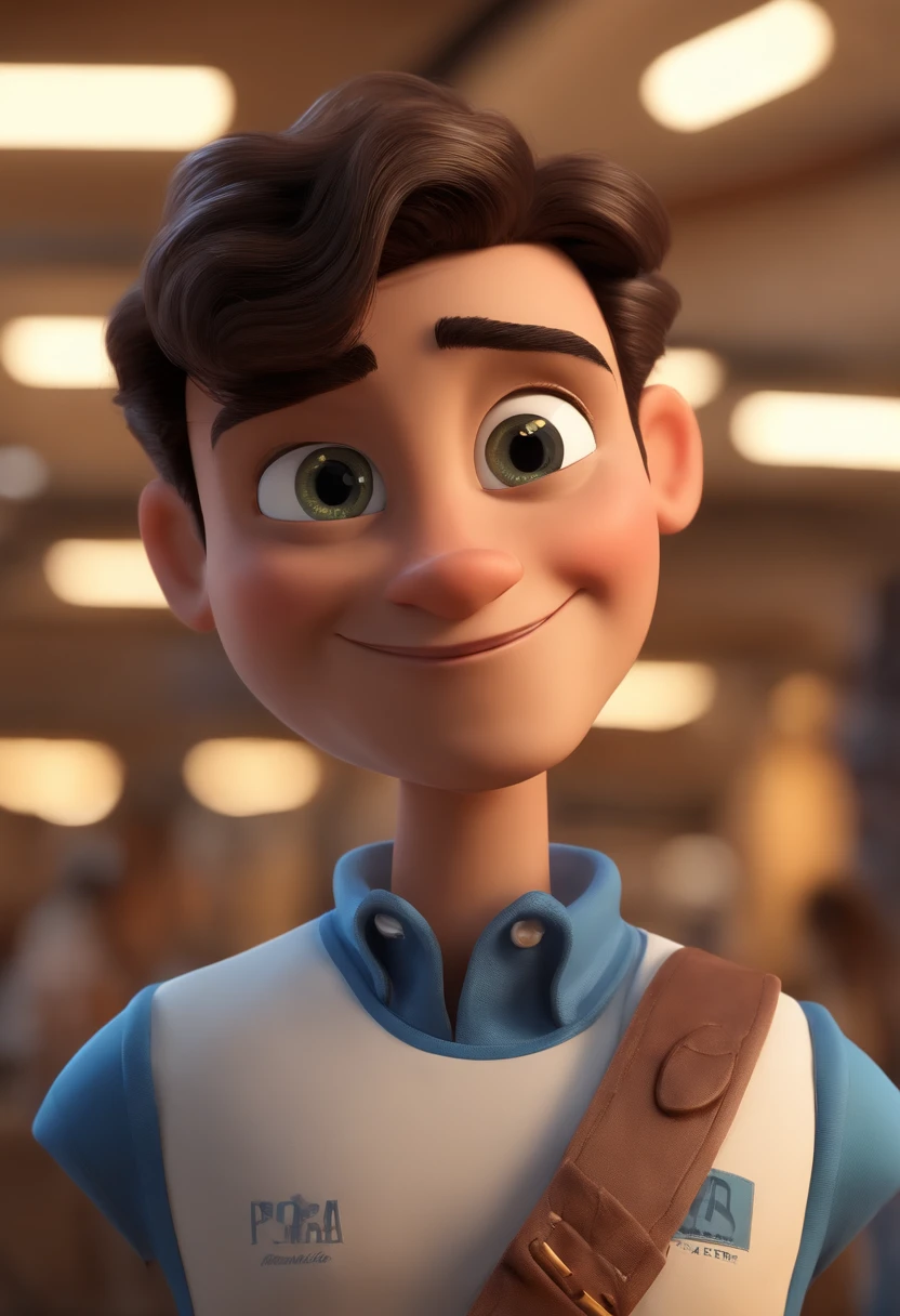 personagem dos desenhos animados de um homem, branco, de cabelos castanhos, um sorriso grande, wearing a lanyard around his neck written Danilo Despachante, uma camisa azul marinho escrito Agiliza Despachante, animation character, Caractere estilizado, animation style rendering, 3D estilizado, Arnold Maya render, 3 d render stylized, toon render keyshot, Personagem 3D, Personagem 3D, 3d rendering stylized, 3 d character render, personagem de desenho animado, Personagem de close up, Pose de personagem, (Estilo Pixar) (master part:1.2) (Bokeh) (best quality) (pele detalhada) (textura detalhada) (8k) (argila) (Cinematic lighting) (foco nítido)