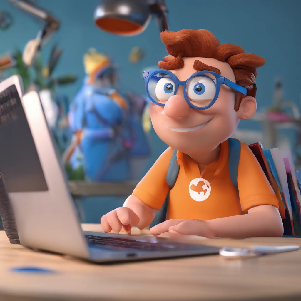 Cartoon character of a man with blue glasses, barba de cor branca, camisa azul, com um mac book pro, animation character, Caractere estilizado, animation style rendering, 3D estilizado, Arnold Maya render, 3 d render stylized, toon render keyshot, Personagem 3D, Personagem 3D, 3d rendering stylized, 3 d character render, personagem de desenho animado, Personagem de close up, Pose de personagem, (Estilo Pixar) (master part:1.2) (Bokeh) (melhor qualidade) (pele detalhada) (textura detalhada) (8k) (argila) (Cinematic lighting) (foco nítido