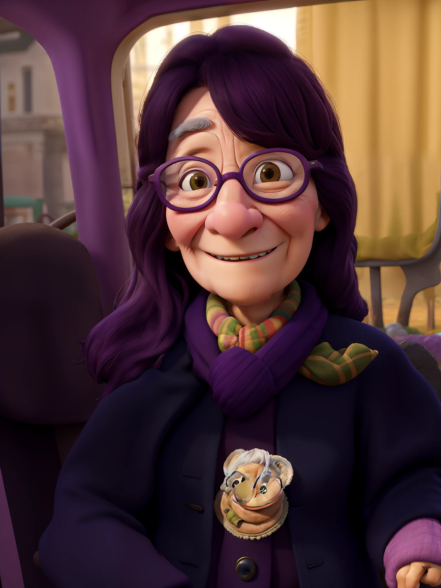 masterpiece, best quality, an old woman with glasses and a scarf on, wearing a purple coat and green scarf, standing at the park