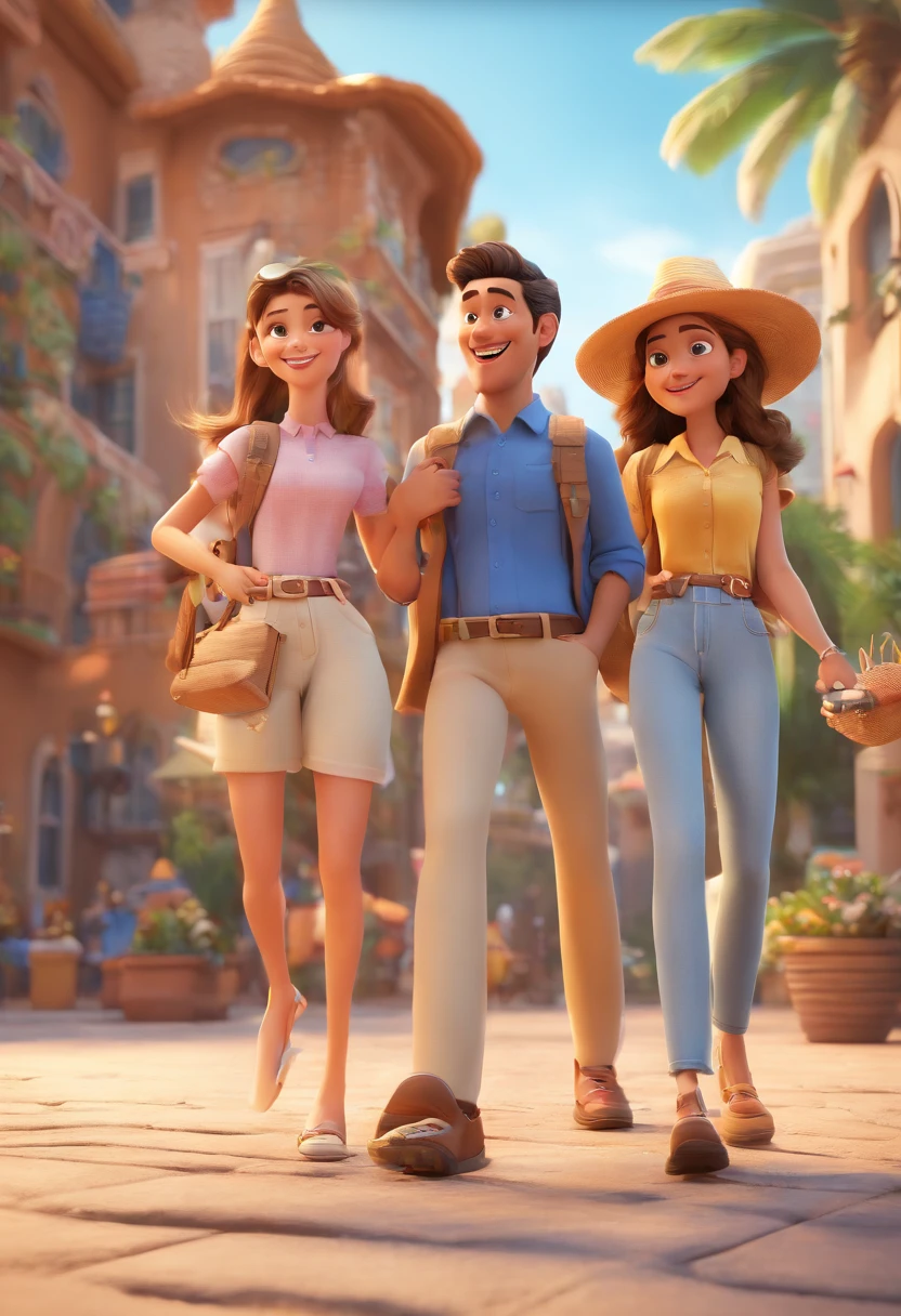 Cartoon of friends having fun on vacation together, 3D Animation Movie Poster, Poster de filme animado, pixar 3 d animation style, pixar renderman rendering, maia 8 mil, animated film, Disney Pixar Estilo 3D, amigos felizes saem juntos, all wearing light blue shirts and cream brown long pants, camisa azul clara, cream brown pants, ao ar livre, vacation, Disney Pixar Animation Poster