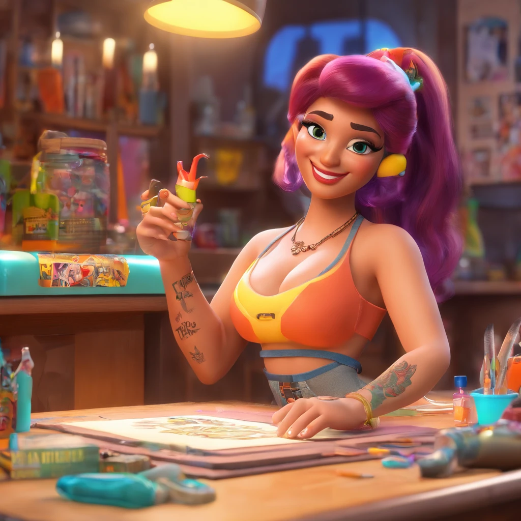 create a 3D movie poster inspired by Disney Pixar, The scene should be in Pixar's signature digital art style, com uma imagem caricatural que lembra a cantora brasileira "Anita" in the prone position, Wearing a bikini while a tattoo artist is sitting tattooing with a giant ring on one hand, inside a tattoo parlor.