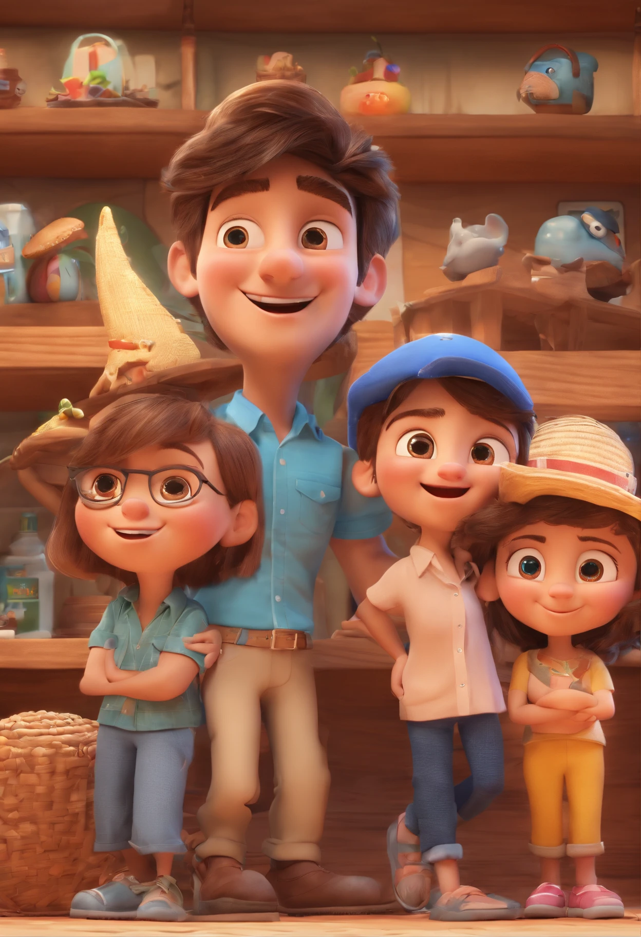 Cartoon of friends having fun on vacation together, 3D Animation Movie Poster, Poster de filme animado, pixar 3 d animation style, pixar renderman rendering, maia 8 mil, animated film, Disney Pixar Estilo 3D, amigos felizes saem juntos, all wearing light blue shirts and cream brown long pants, camisa azul clara, cream brown pants, ao ar livre, vacation, Disney Pixar Animation Poster