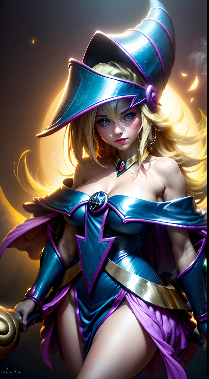 (8k,fotorrealista Raw photography highest qualityr;1.4) (1chica en) super beauty (cara realista) cuerpo femenino (Rubia de rizos largos) Hold a black and red magic wand Escena de combate Magic hat with black and gold exterior Beautiful expression Deslumbramiento (Piel de aspecto real) (Giles magos oscuros) Tentador 超A high resolution Un hiperrealista Alto detalle foto de cuerpo completo restos
