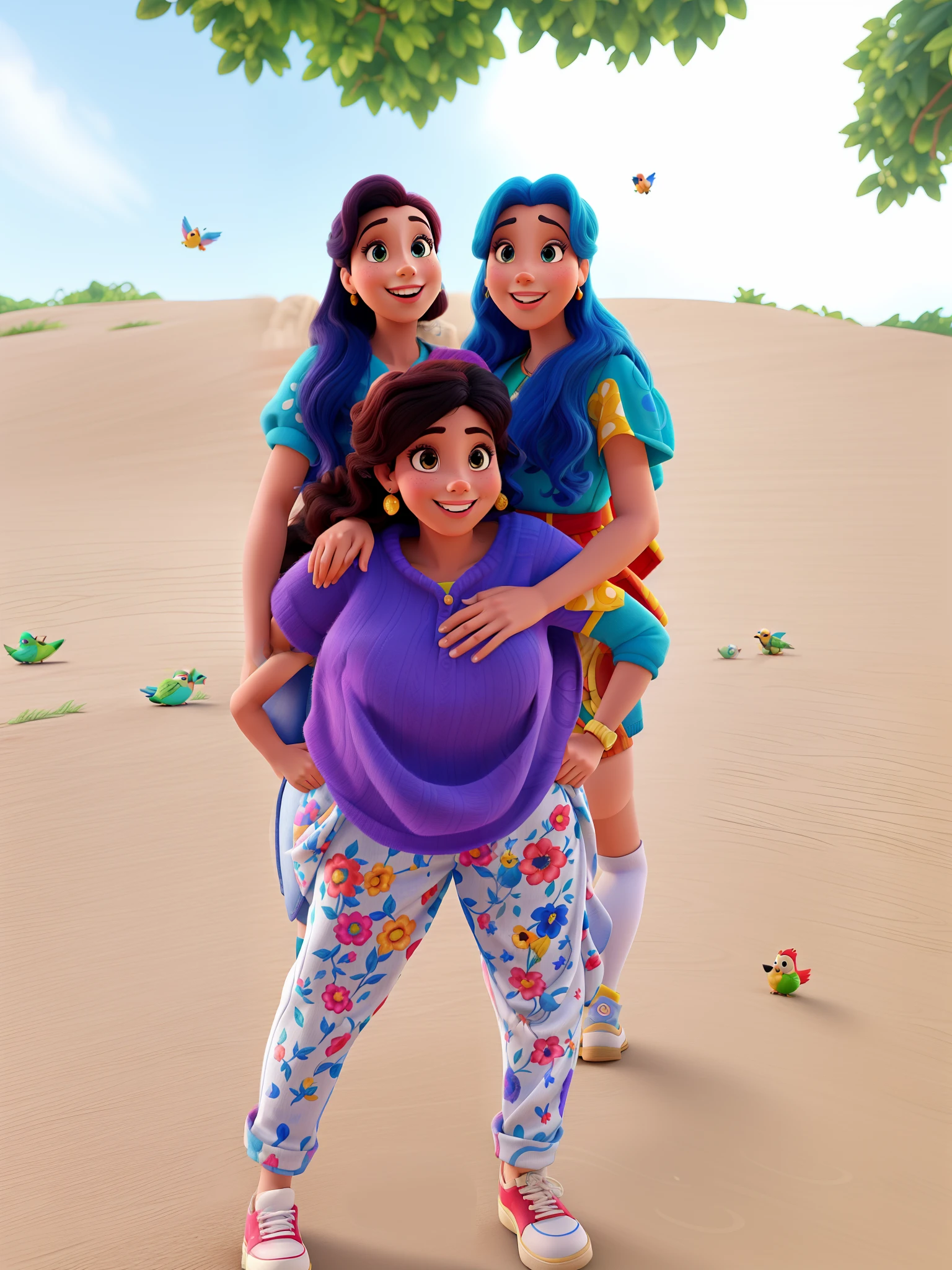 Three Disney Style Women, alta qualidade, melhor qualidade, fundo azul, With colorful and happy birds