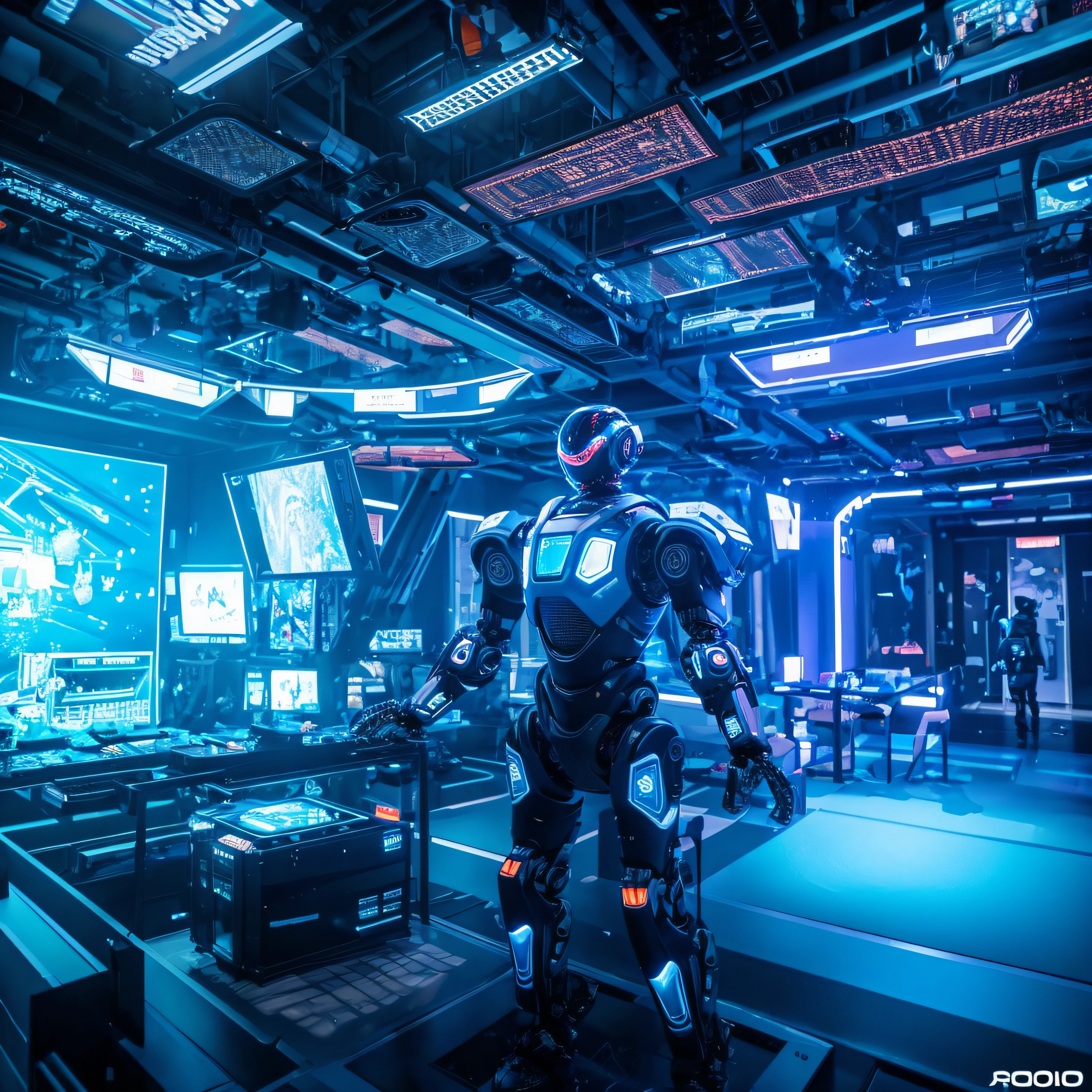A man is immersed in an environment full of technological robots while using an exoskeleton in a vibrant room, where blue tones predominate. Robots, with futuristic designs, fill the scene, interacting with each other and performing different tasks. This immersive and highly technological environment portrays a world where human presence merges with robotic innovation, creating a dynamic and futuristic scenario.