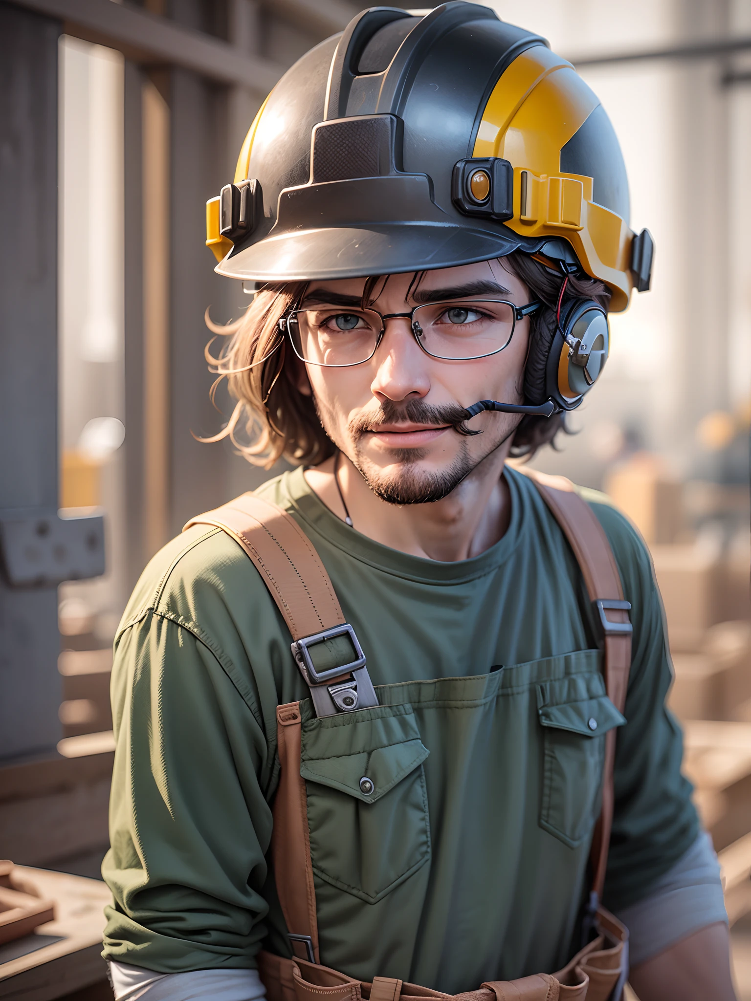 Man dressed as a construction worker looking forward, Equipped with a helmet and tool belt, Engaged in construction activities, Conveying a sense of camaraderie, Lovely and approachable character, Authentic and recognizable construction attire, Safe and responsible display of protective equipment, Busy and productive work on the construction site, Cooperative interactions with other workers,  Warm and inviting environment, Front photo to engage viewers