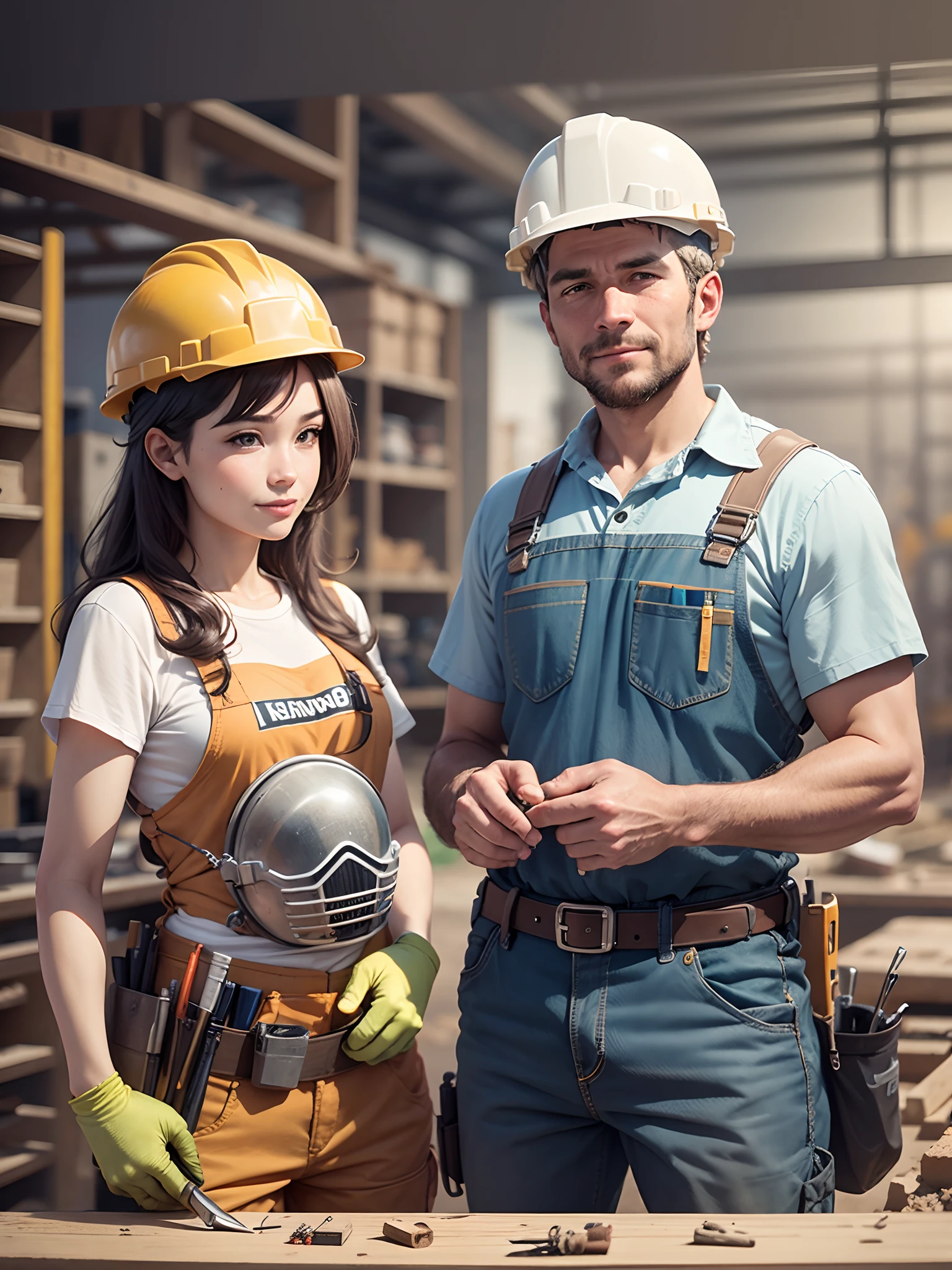Man dressed as a construction worker looking forward, Equipped with a helmet and tool belt, Engaged in construction activities, Conveying a sense of camaraderie, Lovely and approachable character, Authentic and recognizable construction attire, Safe and responsible display of protective equipment, Busy and productive work on the construction site, Cooperative interactions with other workers, Warm and inviting environment, Front photo to engage viewers