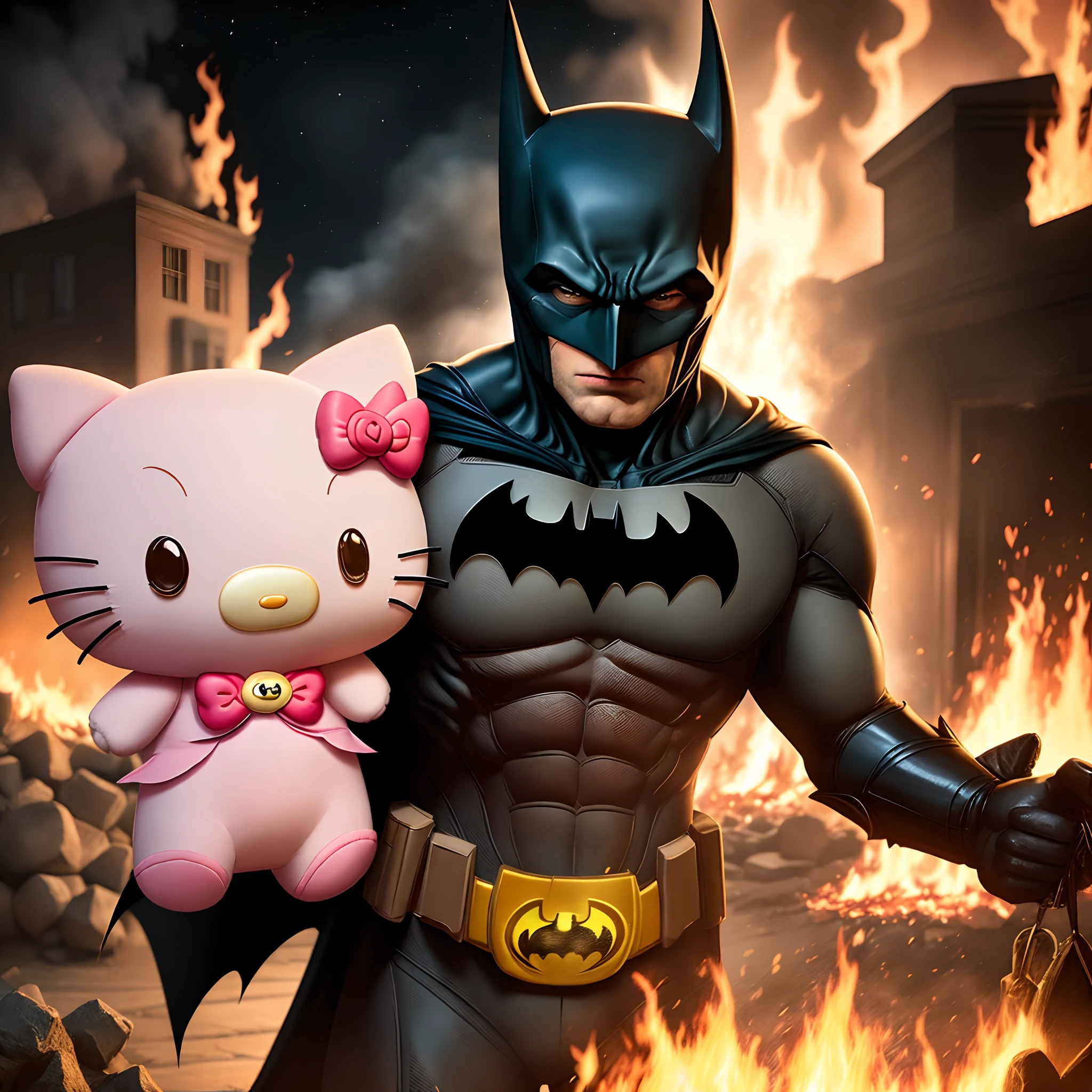 batman holding a hellokitty plushy in the middle of a fire