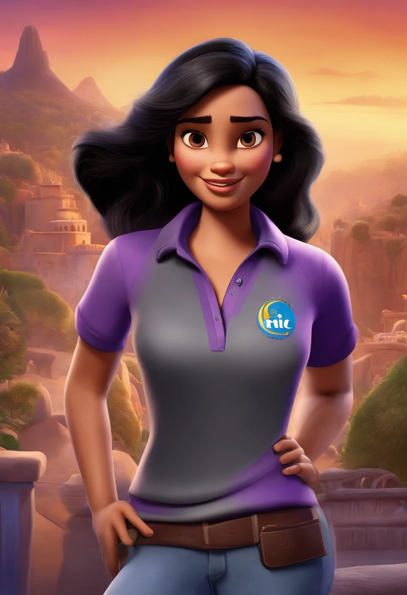 disney pixar, film poster girl with straight, wavy black hair wearing a gray and purple polo shirt with the company logo "RIO" on the left chest