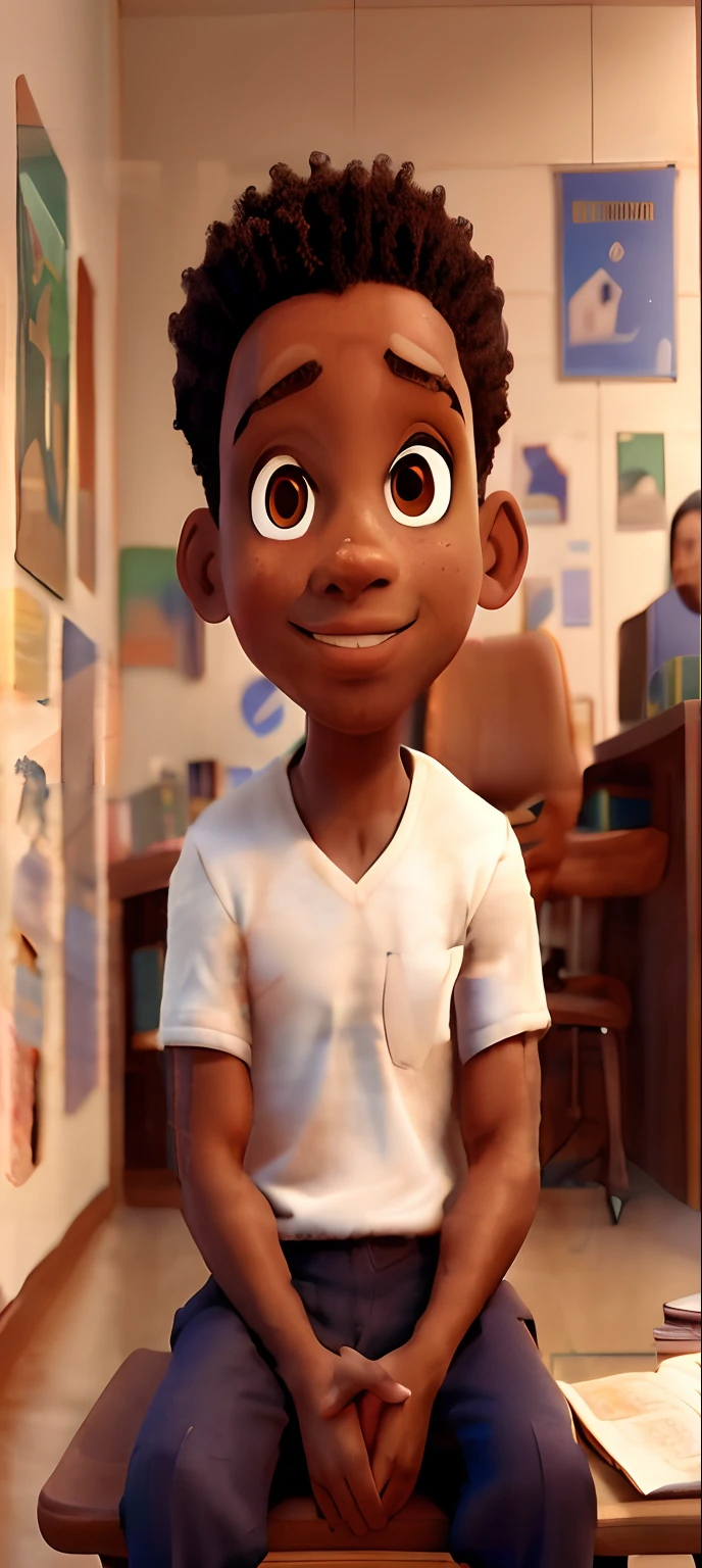 create an image of a dark-skinned boy with curly hair cartoon 3d