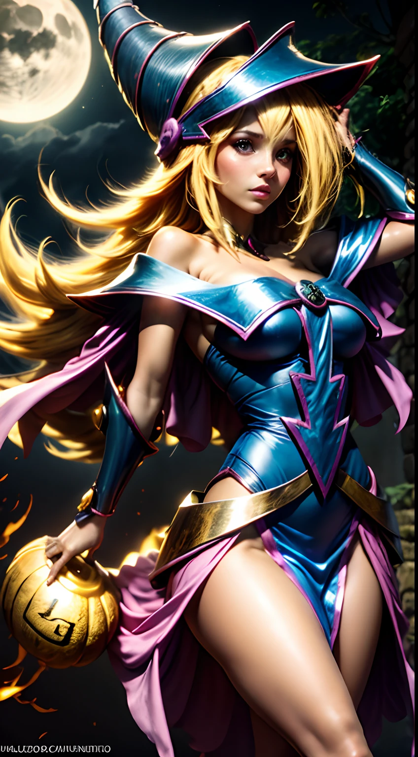 "Photograph of a dark magician golden sorceress under the moonlight, su calabaza arrojando un resplandor . Rubio, espeluznante. espeluznante, atmospheric, Hora dorada, encantador, Oscuro y encantador."