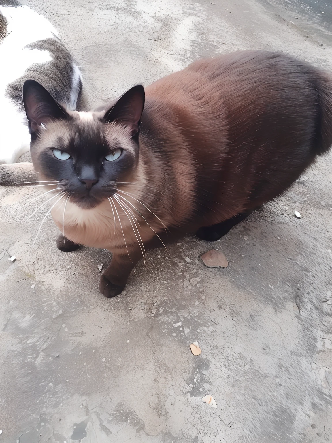 There's a cat that's standing on the ground looking at the camera, aesthetic siamese cat, awesome cat, gato zangado, menina rabugenta bonita, Tomado com Sony Alpha 9, cat female with a whit and chest, bela imagem de vira-lata, olhar orgulhoso, she is looking at us, gato bonito, foto do gato, muito bonito, um bonito, um gato bonito