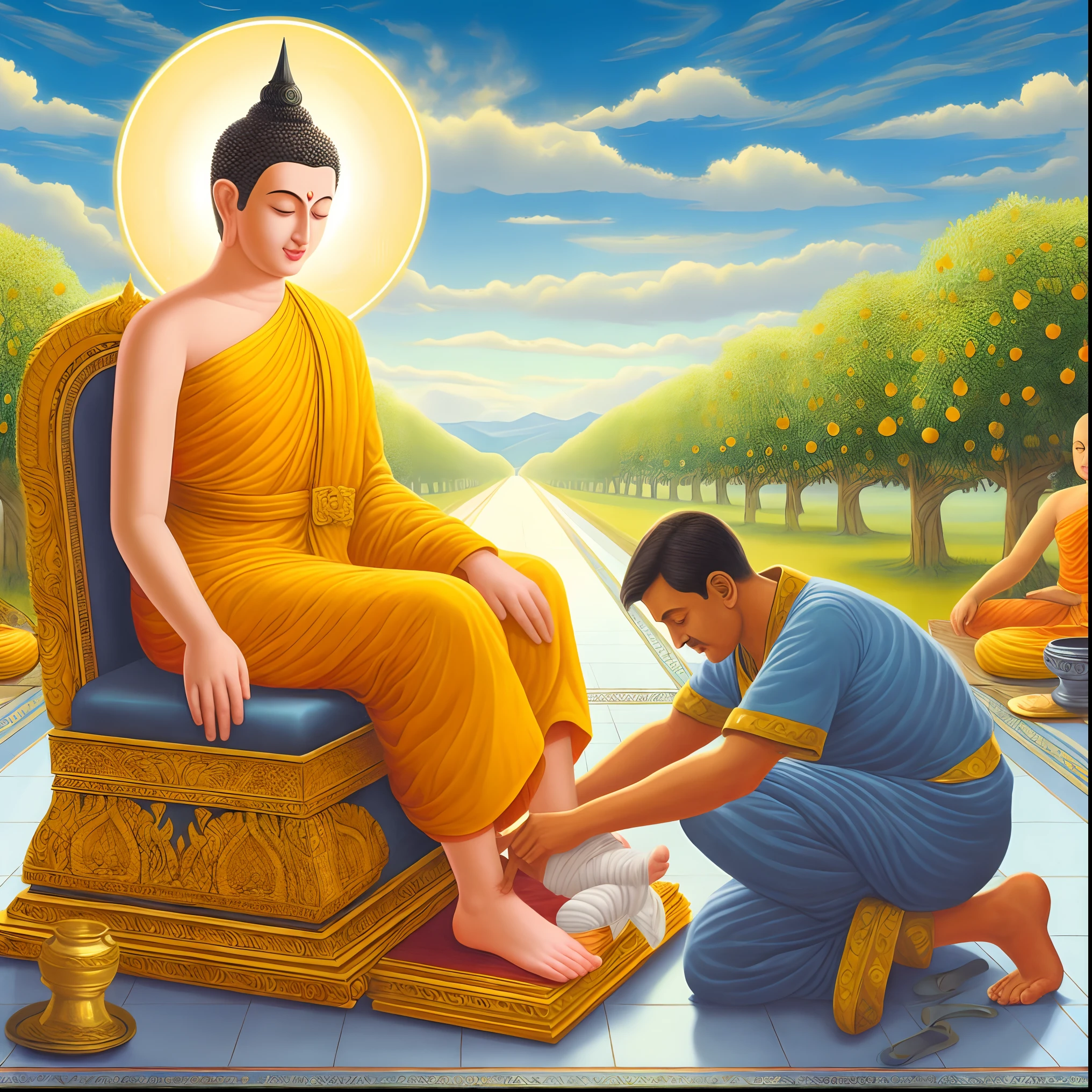 painting of a man kneeling down to a man who is putting a foot on a buddha, buddhism, buddhist, on path to enlightenment, on the path to enlightenment, the buddha, buddhist art, beautiful depiction, buddha, samsara, hindu stages of meditation, buddhist monk, buddhist monk meditating, karma sutra, monk