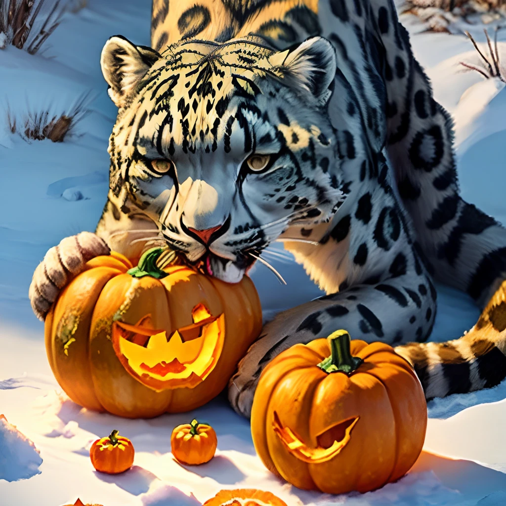 Snow leopard eating pumpkins