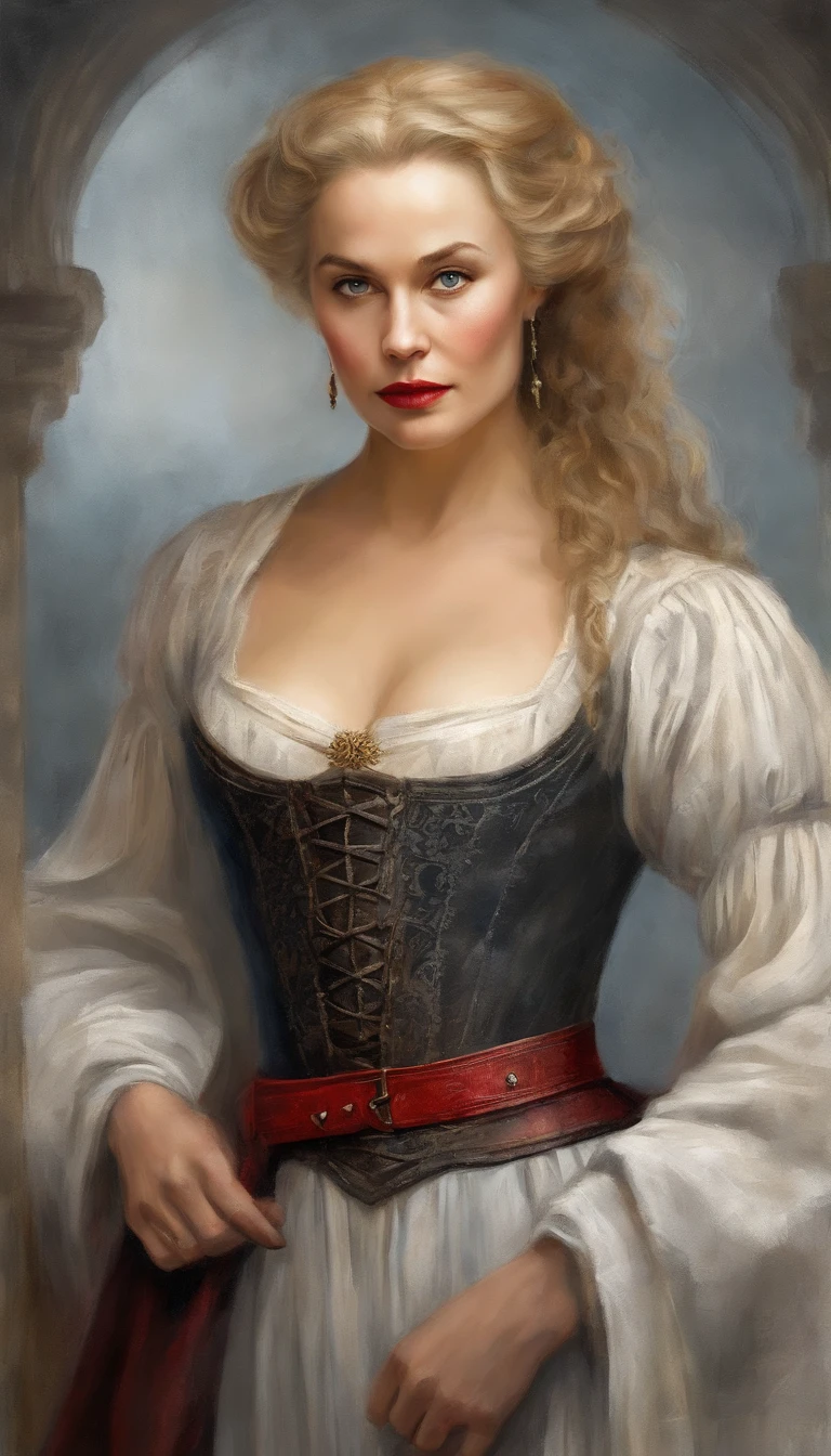 Portrait of an elderly woman 70 years old, very beautiful medieval Mirena from the film Dracula Untold (2014), female image of Mirena from the film Dracula Untold (2014), very beautiful and slender face of Sarah Gadon, long thick blonde hair, Her hair shines with gold , she wears a beautiful medieval European outfit, white linen shirt with elbow sleeves, dark gray and tight corset, low and wide red leather belt around her waist from Dracula Untold (2014), blue eyes, dark gray shadows on her eyelids, long thick black eyelashes, sharp cheekbones, beautiful sensual red lips, around the 15th century, The Middle Ages, this woman is 70 years old -