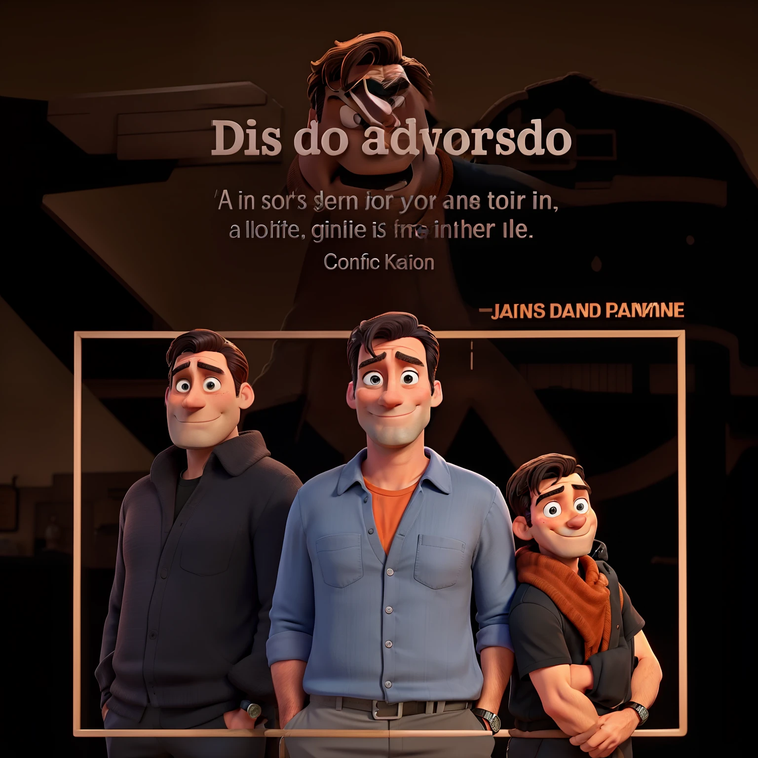 Jon Hamm, Cartoons in orange shirt and black pants, arms crossed, olhando para frente e sorrindo com os dentes aparecendo;