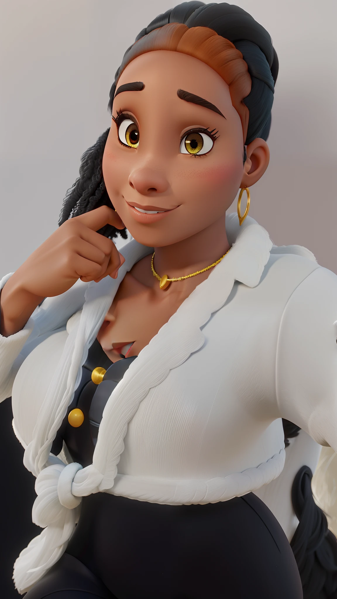 Mulher negra, cabelo amarrado com rabo de cavalo, rosto perfeito, detalhes perfeitos, Disney Pixar style, imagem de alta qualidade, muita qualidade