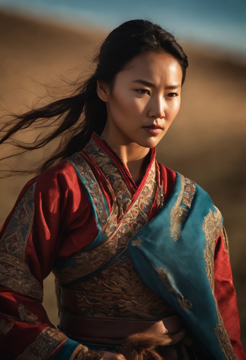 Hyper-realistic photograph of a Mongol girl engaged in a fierce battle with men, showcasing her strength and determination. She wears traditional Mongolian dress, adorned with intricate patterns and vibrant colors. The intense fight takes place in a vast, open grassland, with the rolling hills and clear blue sky in the background. Capture the dynamic movement of the combatants, emphasizing the girl's agility and skill. Utilize dramatic lighting to enhance the dramatic atmosphere. Shot with a high-end camera, such as the Canon 5D Mark IV, to ensure exquisite detail and clarity. --ar 3:2 --v 5 --q 2