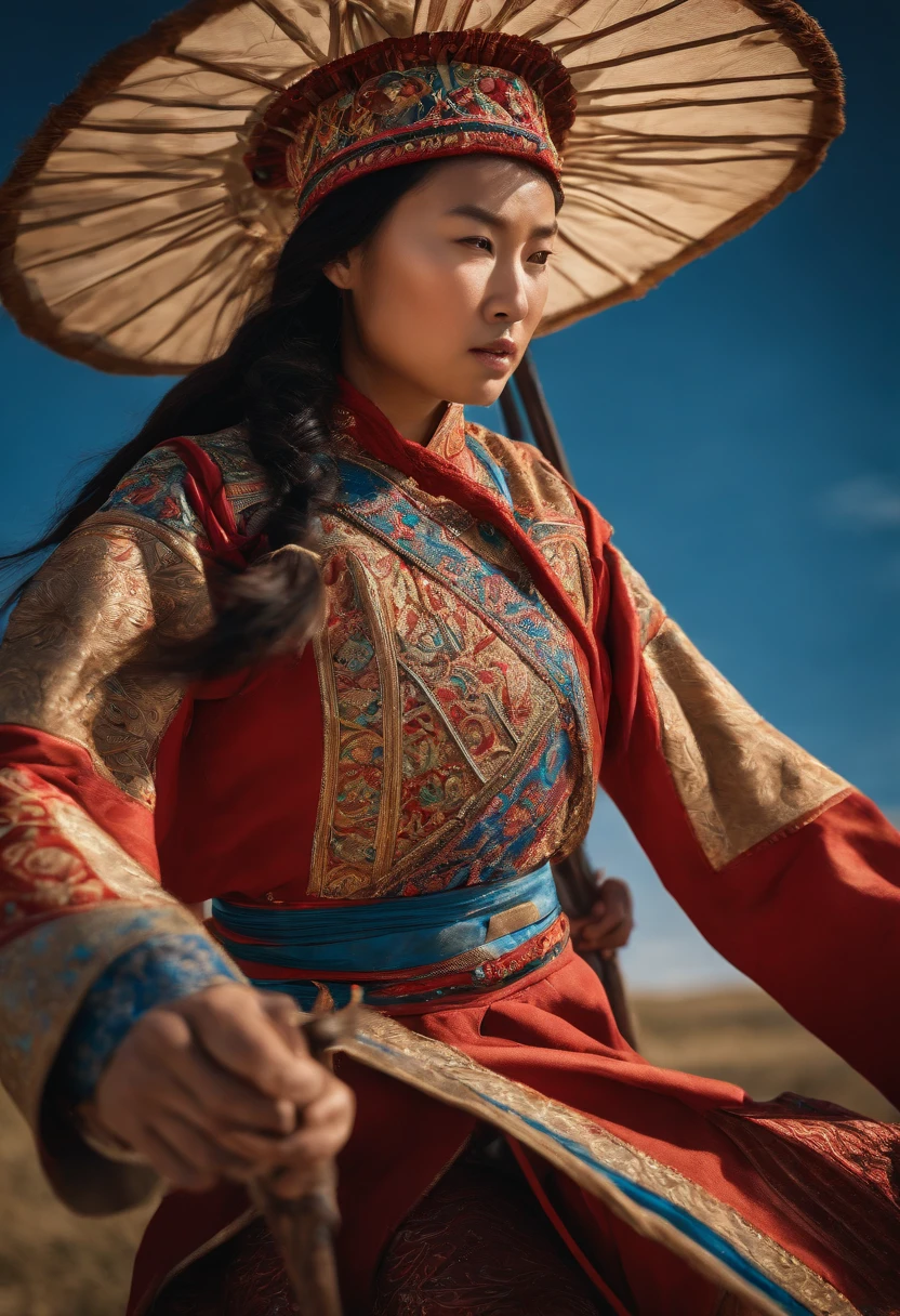 Hyper-realistic photograph of a Mongol girl engaged in a fierce battle with men, showcasing her strength and determination. She wears traditional Mongolian dress, adorned with intricate patterns and vibrant colors. The intense fight takes place in a vast, open grassland, with the rolling hills and clear blue sky in the background. Capture the dynamic movement of the combatants, emphasizing the girl's agility and skill. Utilize dramatic lighting to enhance the dramatic atmosphere. Shot with a high-end camera, such as the Canon 5D Mark IV, to ensure exquisite detail and clarity. --ar 3:2 --v 5 --q 2