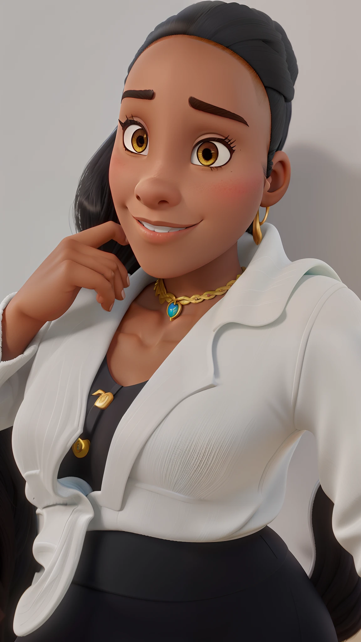 Mulher negra,cabelo amarrado com rabo de cavalo, Disney Pixar style, imagem de alta qualidade, muita qualidade