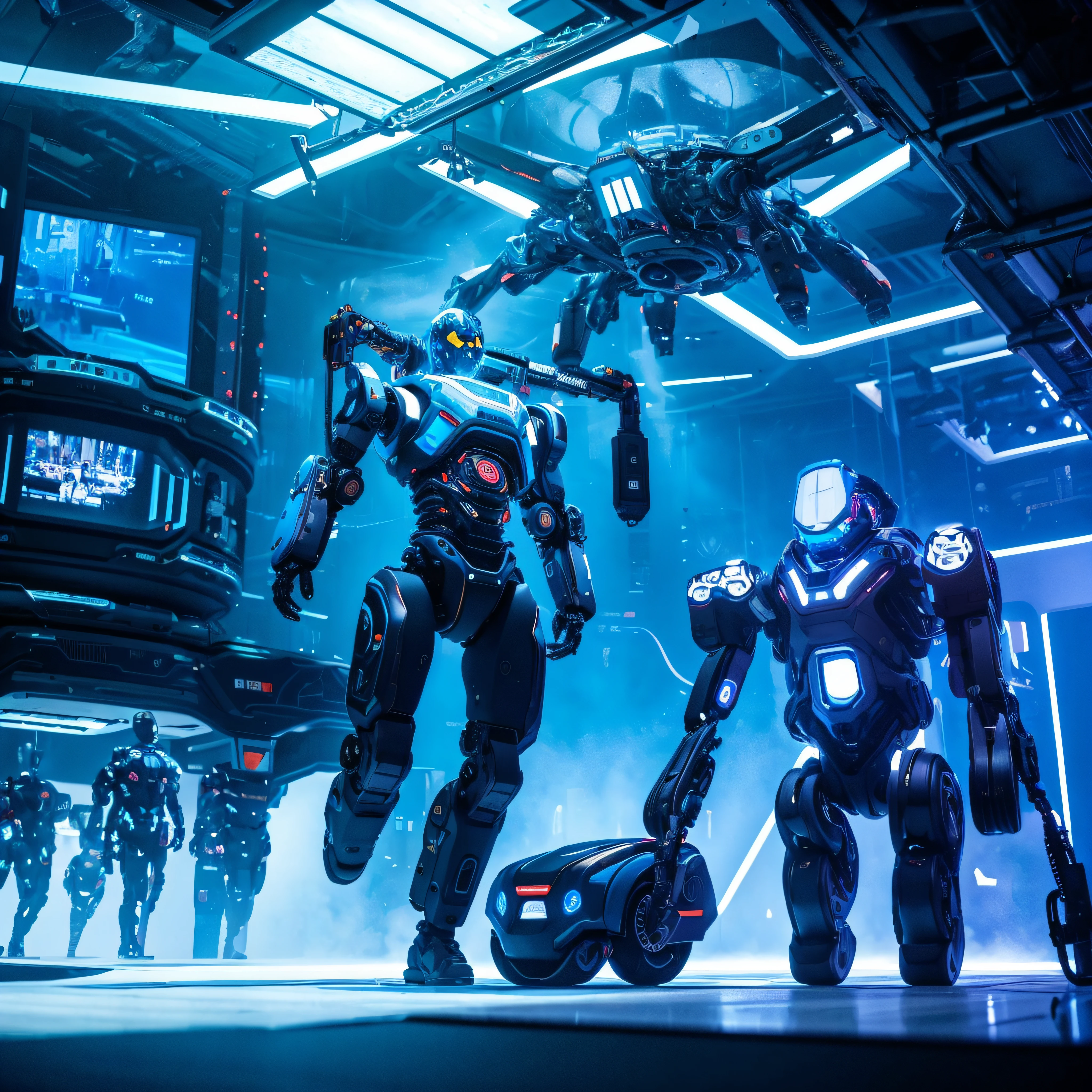 A man is immersed in an environment full of technological robots while using an exoskeleton in a vibrant room, where blue tones predominate. Robots, with futuristic designs, fill the scene, interacting with each other and performing different tasks. This immersive and highly technological environment portrays a world where human presence merges with robotic innovation, creating a dynamic and futuristic scenario.