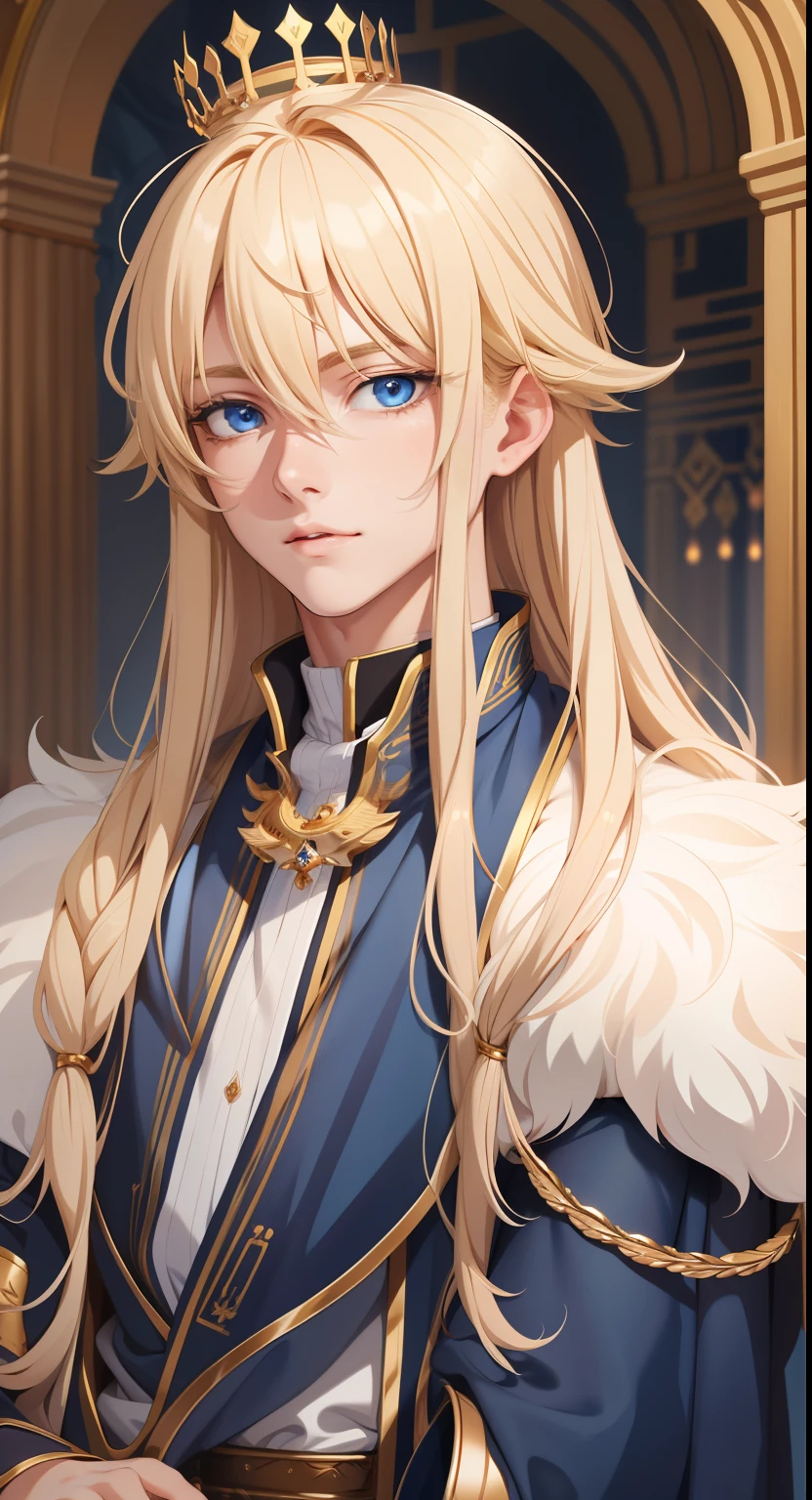 a close up of a person with a crown on their head, beautiful androgynous prince, delicate face, delicate androgynous prince, blonde haired deity, with long white hair, he has dark blonde hairs, detailed hair, tall anime guy with blue eyes, ultra high resolution, 8k UHD