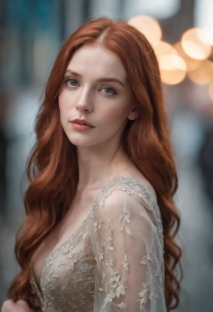 photo of a 25-year-old European girl, RAW, beautiful woman, (extra long wavy red hair), ((portrait)), ((detailed face: 1.2)), ((detailed facial features)), (finely detailed skin), pale skin, highly detailed deep neckline cyberpunk dress, megacity environment, (cool colors), damp, damp, reflections, (masterpiece) (perfect proportion)(realistic photo)(best quality) (detailed) photographed on a Canon EOS R5, 50mm lens, F/2.8, HDR, (8k) (wallpaper) (cinematic lighting) (dramatic lighting) (sharp focus) (intricate)