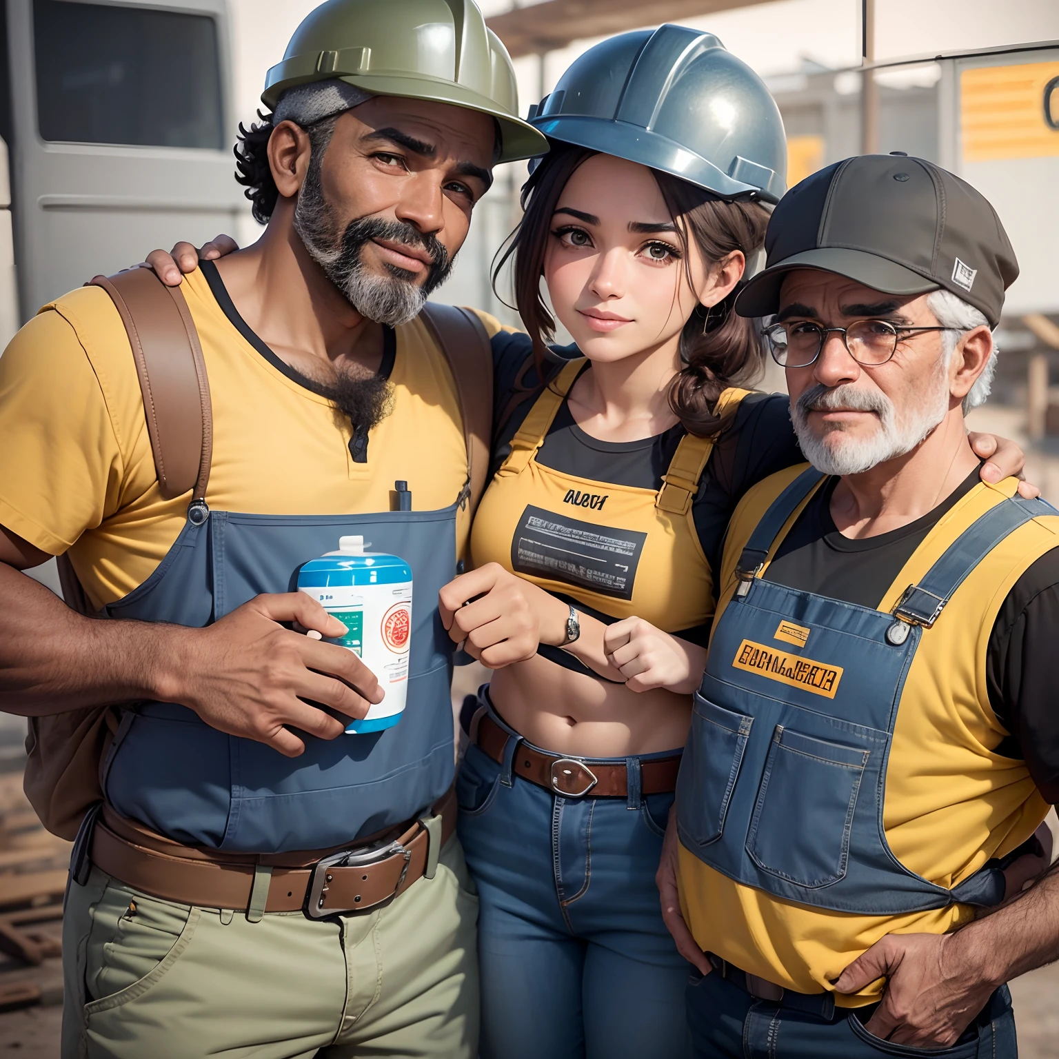 Homem, branco, cabelo preto, barba preta, olhos verdes, Dressed as a construction worker looking forward, Equipado com um capacete e cinto de ferramentas, Conveying a sense of camaraderie, Lovable and approachable character, Authentic and recognizable construction costume, Safe and responsible display of protective equipment, Trabalho ocupado e produtivo no canteiro de obras, Cooperative interactions with other workers, Ambiente acolhedor e convidativo, Foto frontal para engajar os espectadores