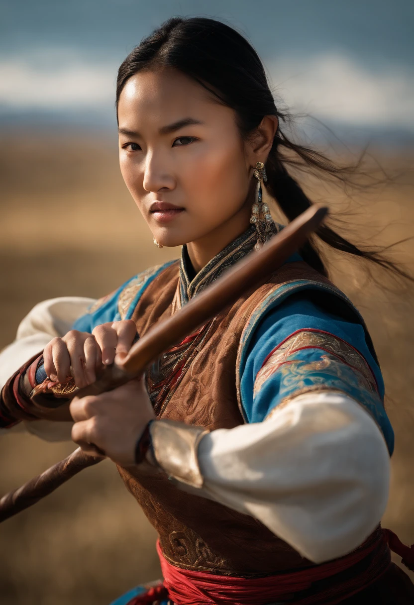 Hyper-realistic photograph of a Mongol girl engaged in a fierce battle with men, showcasing her strength and determination. She wears traditional Mongolian dress, adorned with intricate patterns and vibrant colors. The intense fight takes place in a vast, open grassland, with the rolling hills and clear blue sky in the background. Capture the dynamic movement of the combatants, emphasizing the girl's agility and skill. Utilize dramatic lighting to enhance the dramatic atmosphere. Shot with a high-end camera, such as the Canon 5D Mark IV, to ensure exquisite detail and clarity. --ar 3:2 --v 5 --q 2