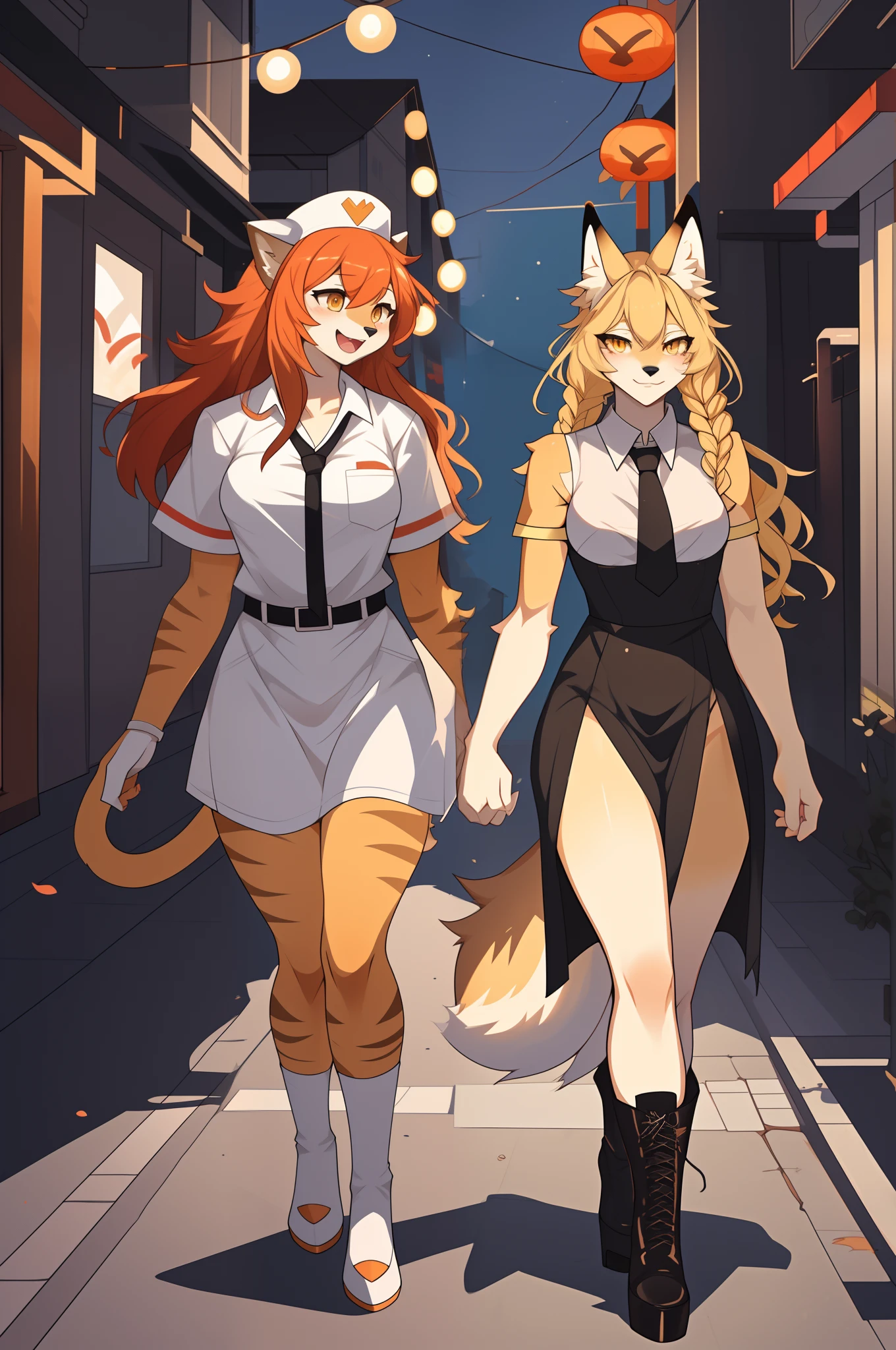 Kimiko, tan fox girl, blonde wavy hair, yellow eyes,medium breasts,sexy vampire black dress, black stiletto boots,walking, By hyattlen, blend in with image