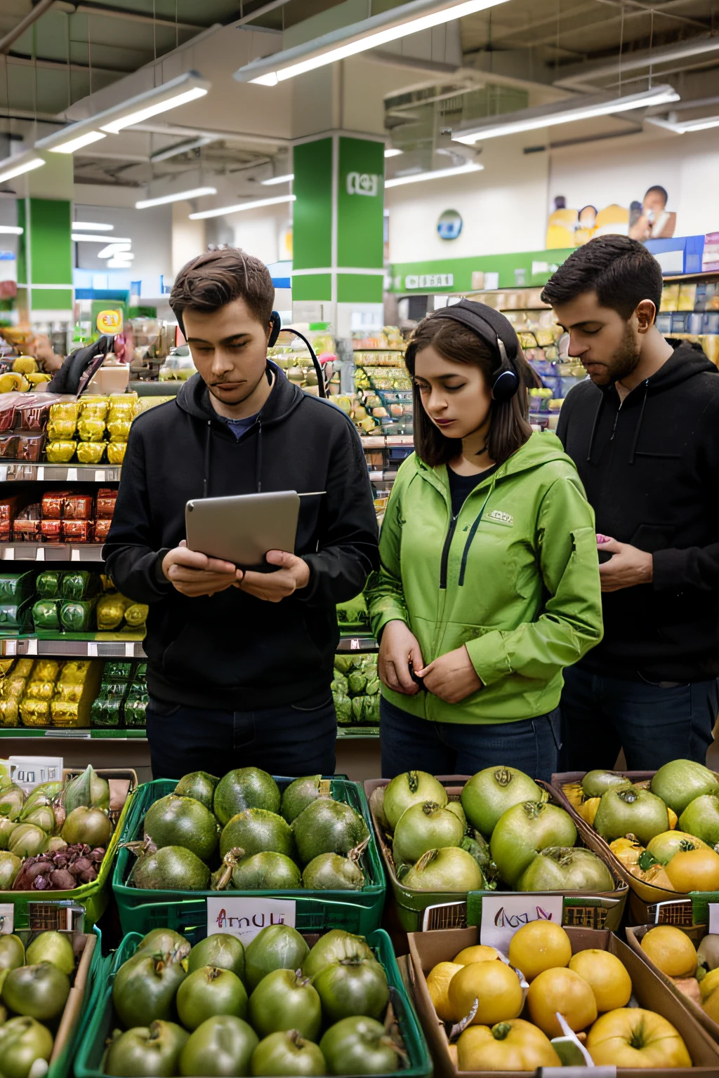 group of people, with headsets, in a supermarket called Cercar, green supermarket, mysterious people, planting bugs.