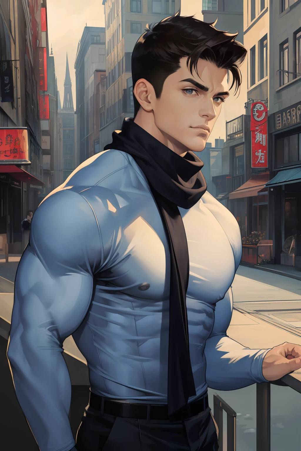 masterpiece, best quality, realistic, 1man, mature male, wide muscular body, broad shoulders, handsome, (very short hair:1.4), [[thick eyebrows]], angular jaw, extremely detailed eyes, tilting head, relaxed lips, big arms, perfect face, modern urban style, scenery, long sleeves, oversized shirt, Muffler, winter