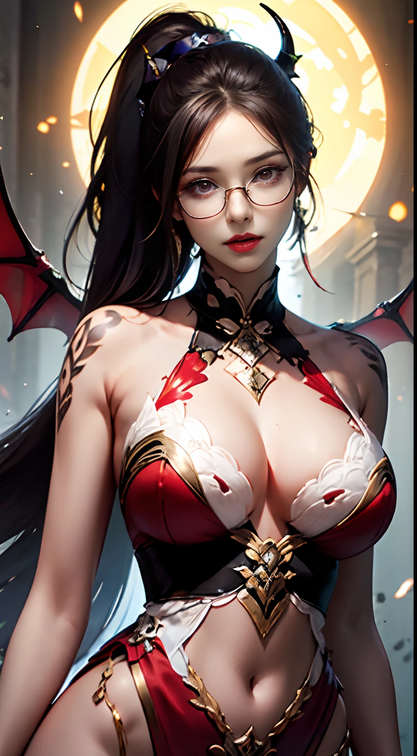 Fine、(The best illustrations)、8k UHD resolution、intricate-detail、top-quality、realisitic、ultra-detailliert、The best lighting、Best Shadows、Soft lighting、Ulutra HD、Ultra-realistic、Tindall Effect、Photorealsitic、(High Detail Skins:1.2)、 (Intricate details, makeup, pureerosface_v1:0.5), (Detailed beautiful delicate face, Detailed beautiful delicate eyes, A perfectly proportioned face, High detailed skin, Detailed skin, best ratio four finger and one thumb, arms below breasts, Tattoo with a red glow under the stomach、Awesome awesome, wide hips, smooth midriff, skiny and thin, __Fashion__, __hair__:1.25)、Digital SLR、 absurderes、1 beautiful devil woman from hell, surreal female portraits by David Hockney and Alphonse Mucha, Portrait of a seductive woman、Fantasy Art, Chinese Doll、Chinese actress、Dungeon、The dragon、Devil's Palace、Devil's Torture Chamber、natta、Dark style 、In the Dark、(Detailed spooky backgrounds:0.8), magia、 1人、Evil Nun、Dark Necromancer、Succubus、Devil's Daughter、Umi Shinonome、Bat Wings,(((Demon Horns)))、 ((((Huge glasses, Otaku Glasses, thick glasses, Round glasses)))),(((Colossal tits)))、(Devil's Tail)、(red eyes glowing:1.6)、red eyes make up very sharp and detailed, The eyes are very well made up, ((Red Eye:1.0)),intricate tattoos, demonic intricate tattoos, thigh tattoos, body tattoos, masterpiece、The most beautiful face、a baby face、Charming smile、plump beautiful red lips、Muscular seductive body、The enchanting body of the devil、devil style、Seductive Black Magic Costume、(((A shiny red snake is wrapped around her body)))、Longhaire、Braids、Black hair、Ponytail distortion、, Ponytail with a bow tied at the back of the hair, Beautiful expression、Body Up、Large breasts emphasis、Bust, Super tight breasts, Breast augmentation surgery, The breasts are very big and round and round,Toned waist、Wide buttocks、 lowkey, cowboy lens, (red phoenix dress: 1.0), devil crown, Red sparkling gemstone necklace、Jewelry Gwise, wearing black mesh socks,wearing a thin red and black