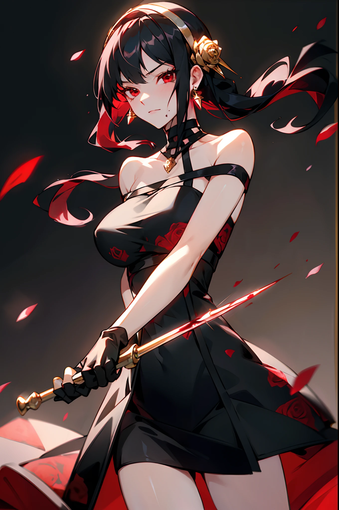 yor briar,
1girl, backlighting, bare shoulders, black background, black dress, black gloves, black hair, blood, blood on face, blood on weapon, breasts, closed mouth, cowboy shot, dress, earrings, expressionless, fingerless gloves, floating hair, floral print, flower, gloves, gold earrings, gold hairband, hair flower, hair ornament, hairband, holding, holding weapon, jewelry, large breasts, light particles, long hair, looking at viewer, off-shoulder dress, off shoulder, petals, red eyes, rose, rose petals, rose print, short hair with long locks, sidelocks, solo, spikes, thighs, two-sided dress, two-sided fabric, weapon
, ((masterpiece))