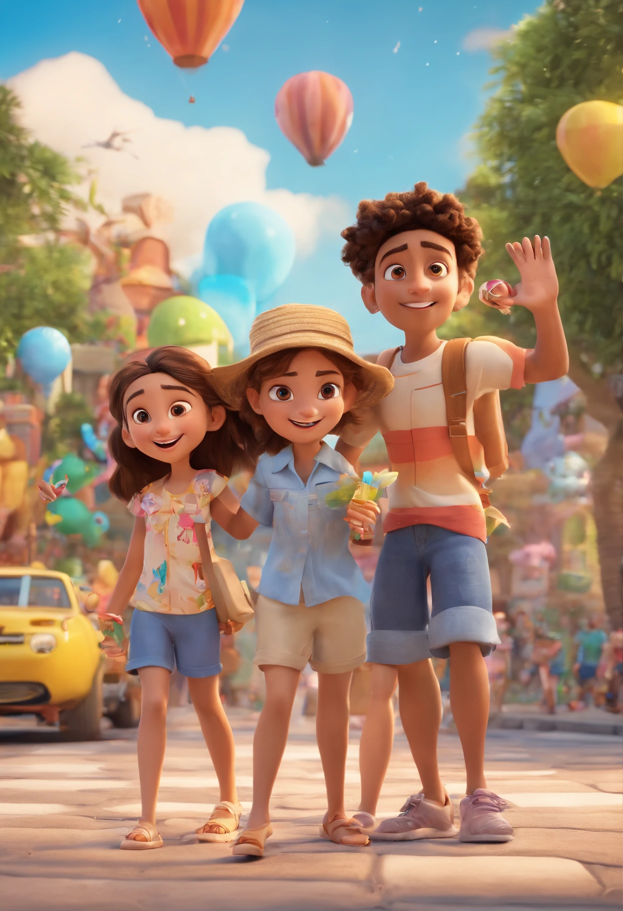 Cartoon of friends having fun on vacation together,  3D Animation Movie Poster, Poster de filme animado, pixar 3 d animation style, pixar renderman rendering, maia 8 mil, animated film, Disney Pixar Estilo 3D, amigos felizes saem juntos, all wearing light blue shirts and cream brown long pants, camisa azul clara, cream brown pants, ao ar livre, vacation, Disney Pixar Animation Poster