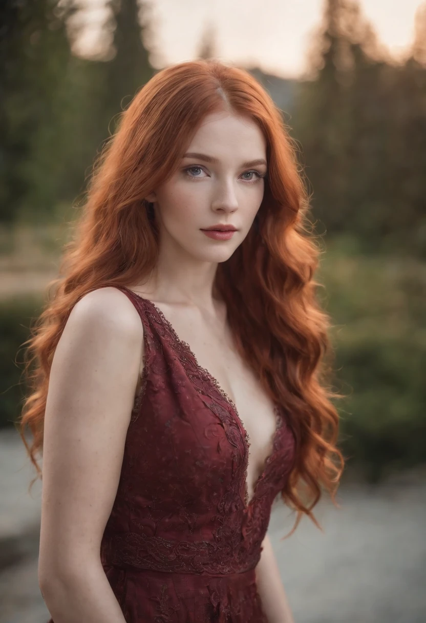 photo of a 25-year-old European girl, RAW, beautiful woman, (extra long wavy red hair), ((portrait)), ((detailed face: 1.2)), ((detailed facial features)), (finely detailed skin), pale skin, highly detailed deep neckline cyberpunk dress, megacity environment, (cool colors), damp, damp, reflections, (masterpiece) (perfect proportion)(realistic photo)(best quality) (detailed) photographed on a Canon EOS R5, 50mm lens, F/2.8, HDR, (8k) (wallpaper) (cinematic lighting) (dramatic lighting) (sharp focus) (intricate)