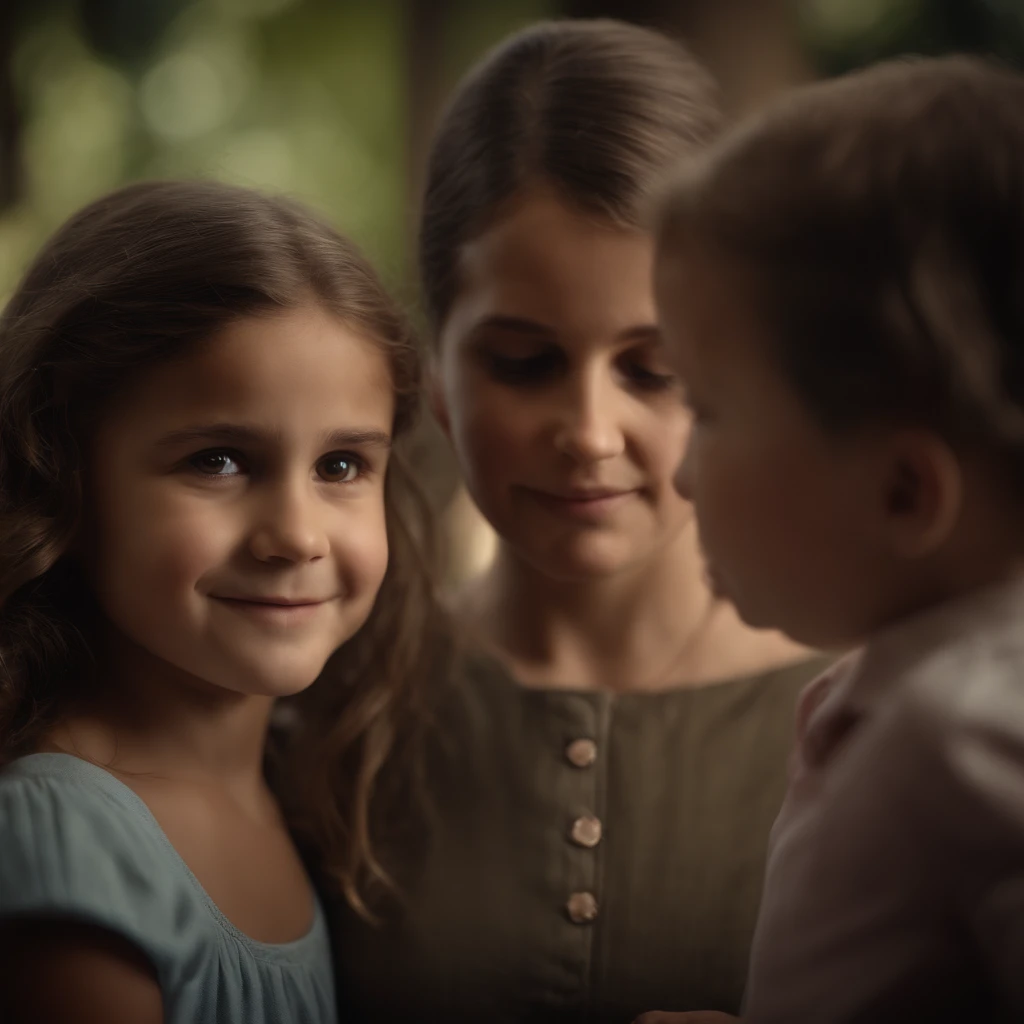 girl with brown eyes and hair with her light brown haired mother, big nose and father smaller in stature than mother and dark brown hair