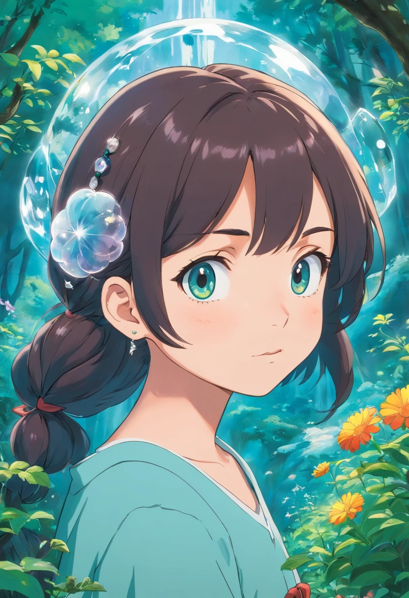 uma  preta de cabelo cacheados usando um colar de anime, um colar longo de cristal e brincos, no estilo de paisagens de jardim tranquilas, animated color photos, Masami Teraoka, aquamarine, Paulo Gauguin, Estilo Embry, retrato honesto