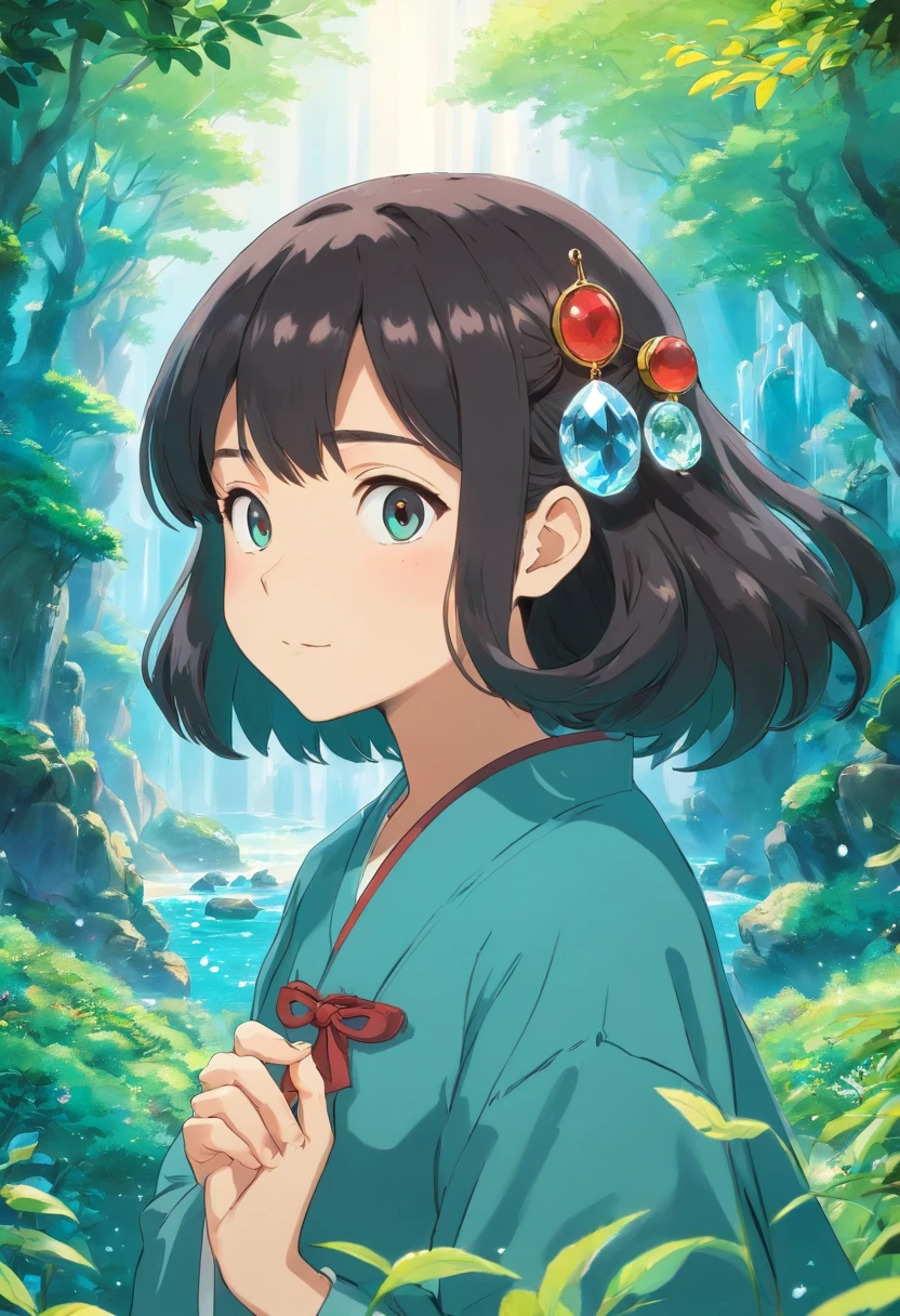 uma menina preta de cabelo cacheados usando um colar de anime, um colar longo de cristal e brincos, no estilo de paisagens de jardim tranquilas, animated color photos, Masami Teraoka, aquamarine, Paulo Gauguin, Estilo Embry, retrato honesto