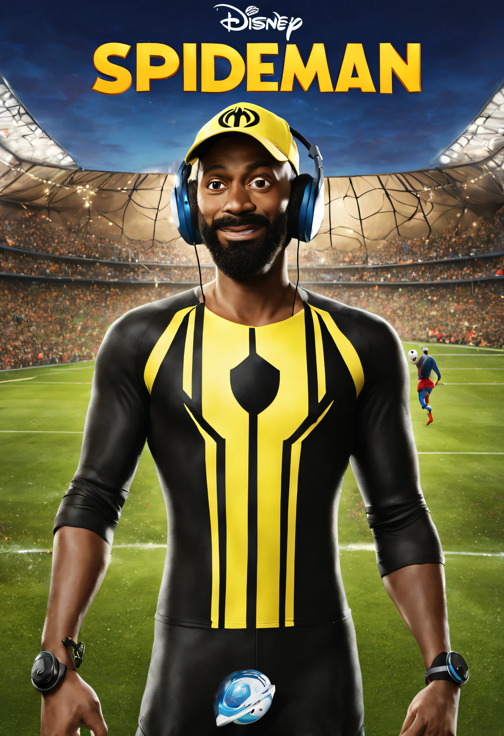 Disney Pixar movie cover, high quality, mature brown man in black and yellow Spiderman outfit, cap, low beard, on a soccer field, soccer ball under his arm, in the other hand a reporter's microphone, headphones