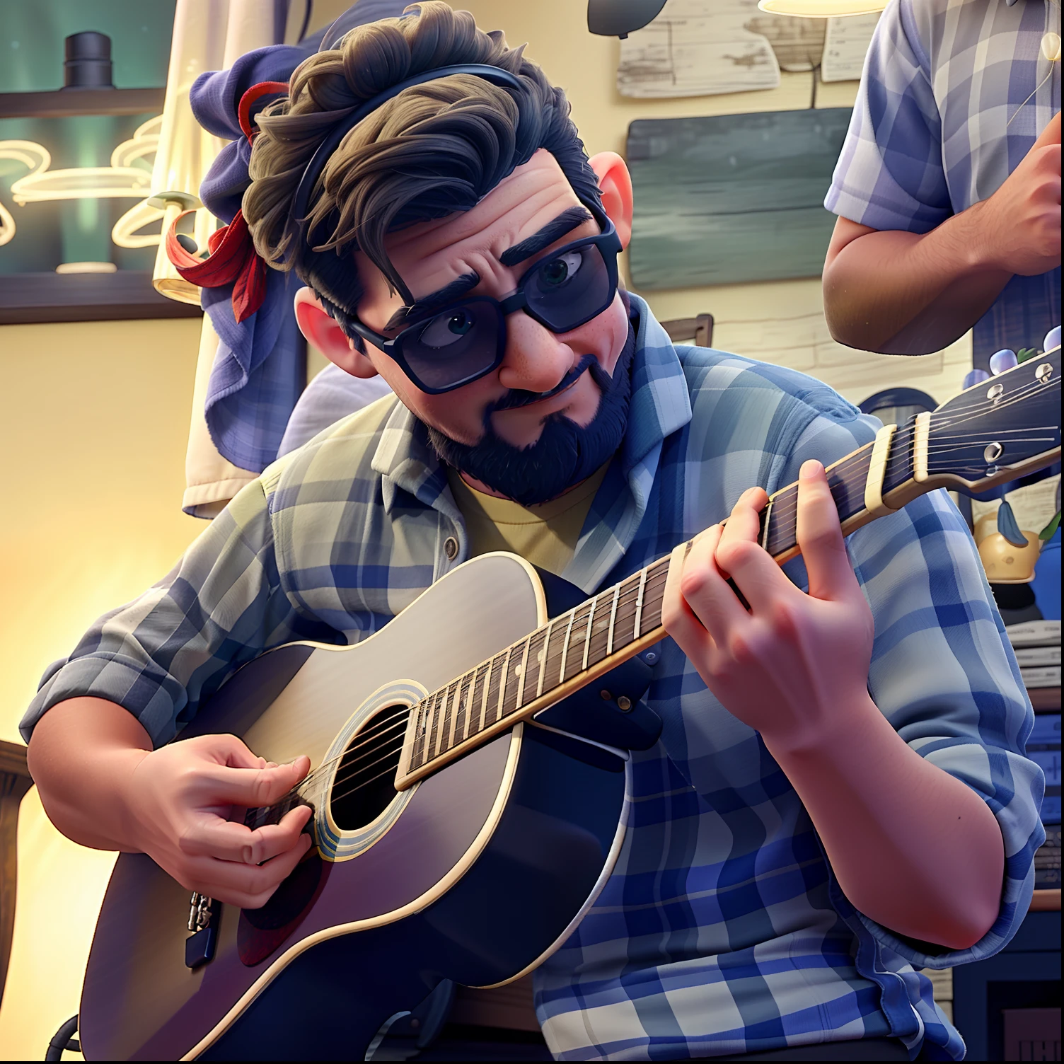 A sage standing in front, illuminated by the light of a lamp, Against the backdrop playing guitar